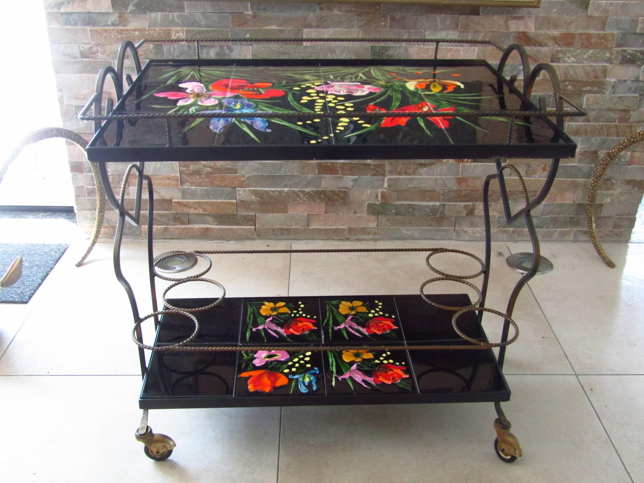 Midcentury Bar Cart Tiles and Wrought Iron, Vallauris France, 1950s For Sale 1