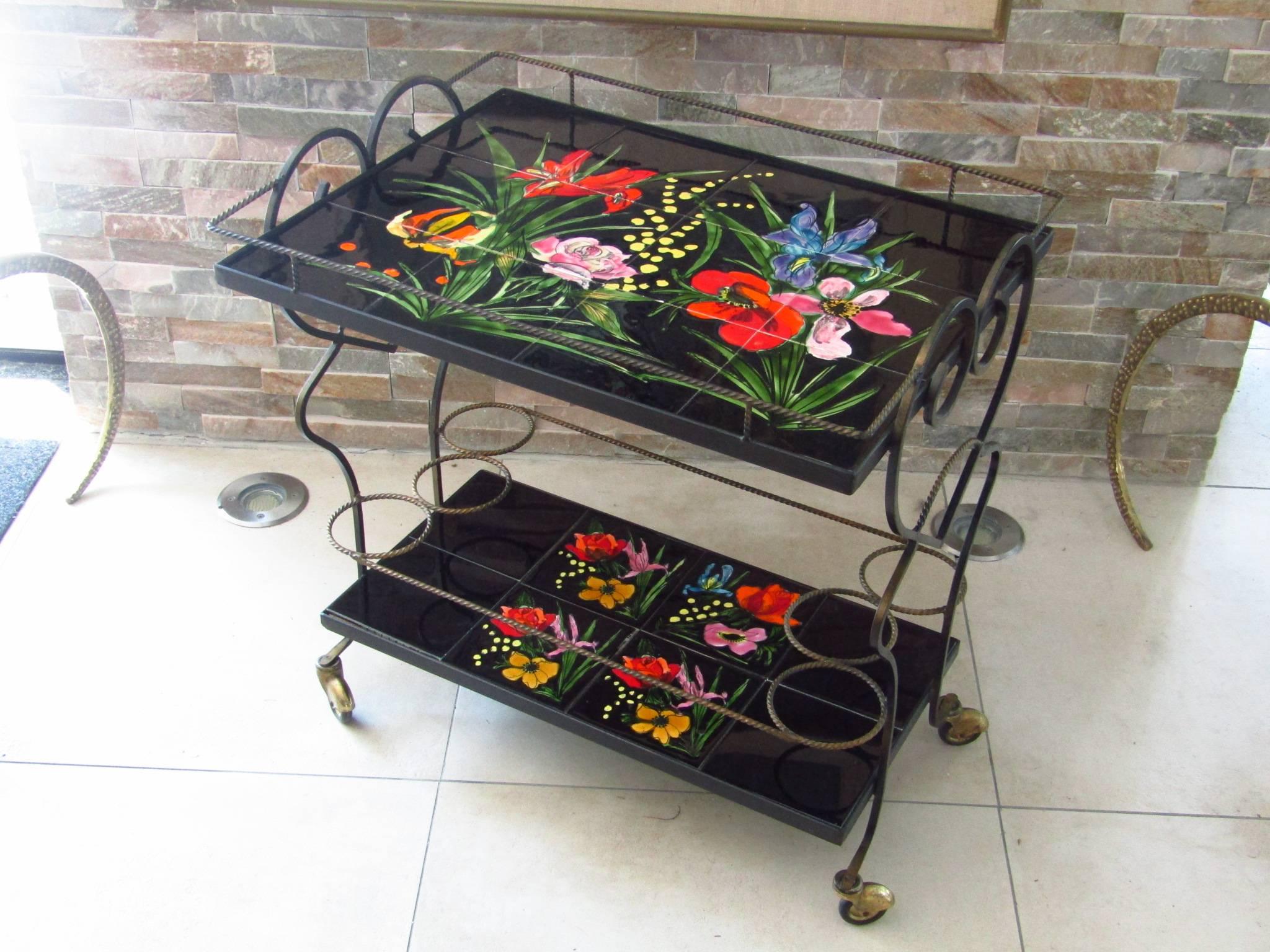 Midcentury Bar Cart Tiles and Wrought Iron, Vallauris France, 1950s For Sale 3