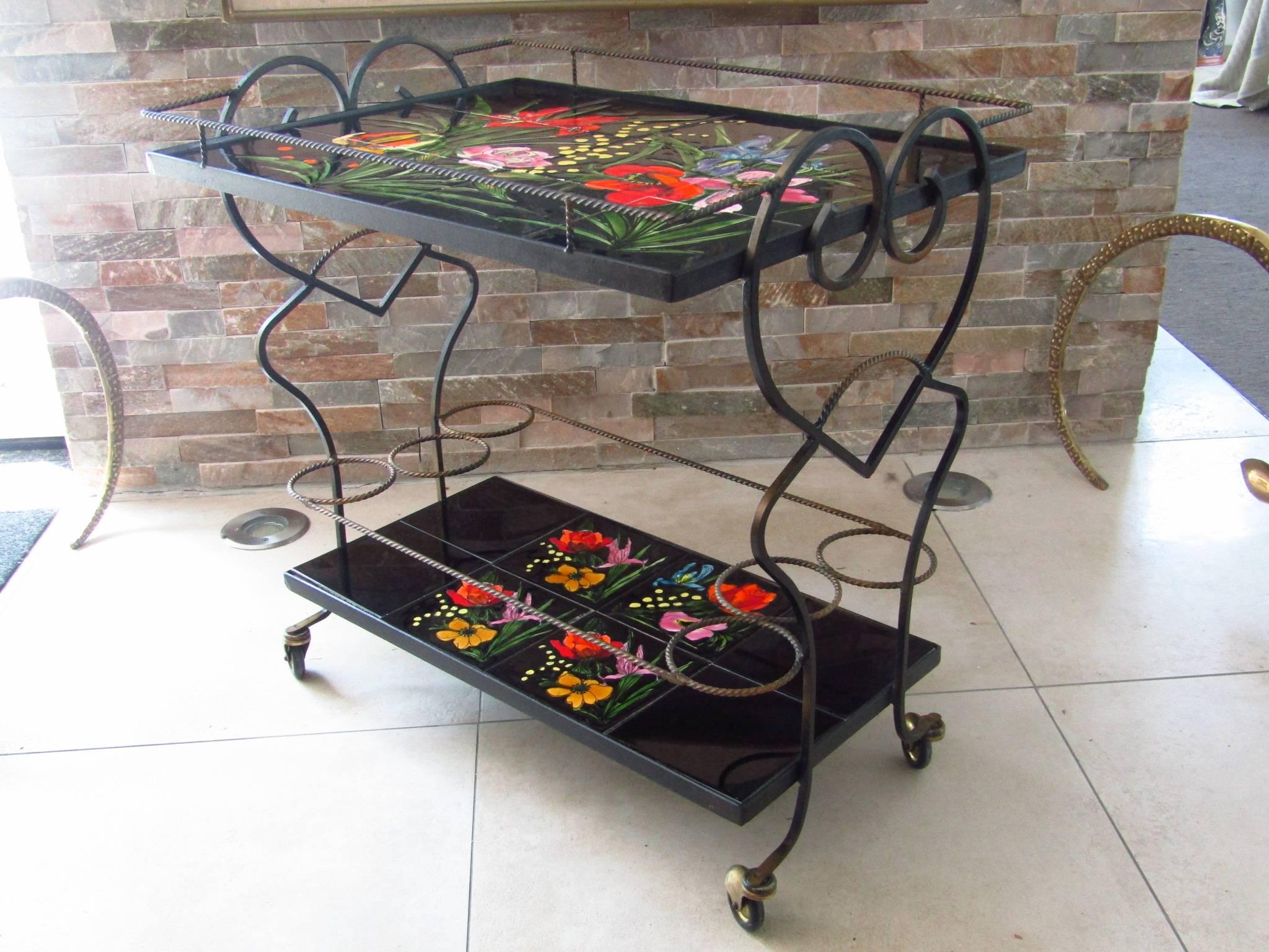Mid-20th Century Midcentury Bar Cart Tiles and Wrought Iron, Vallauris France, 1950s For Sale