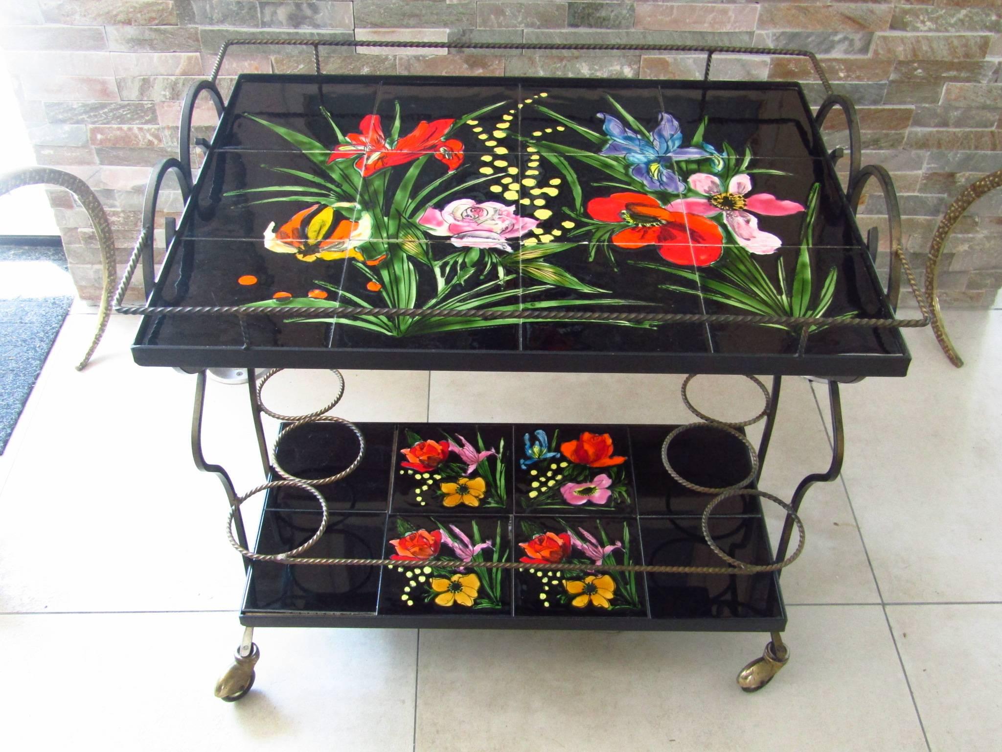 Midcentury Bar Cart Tiles and Wrought Iron, Vallauris France, 1950s For Sale 1