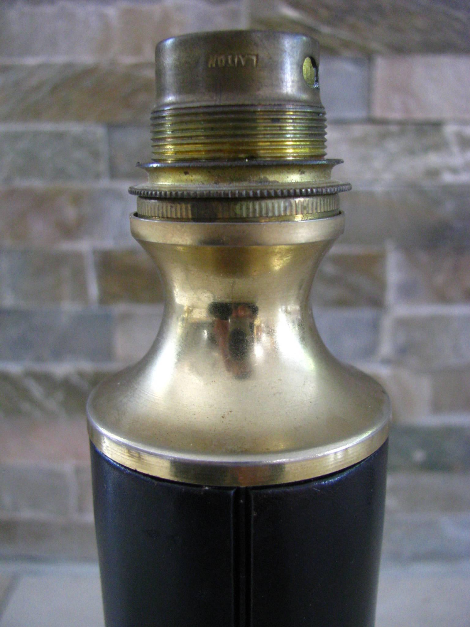 Brass 1950s Desk Table Lamp Leather Style Adnet, Signed Tanneur For Sale