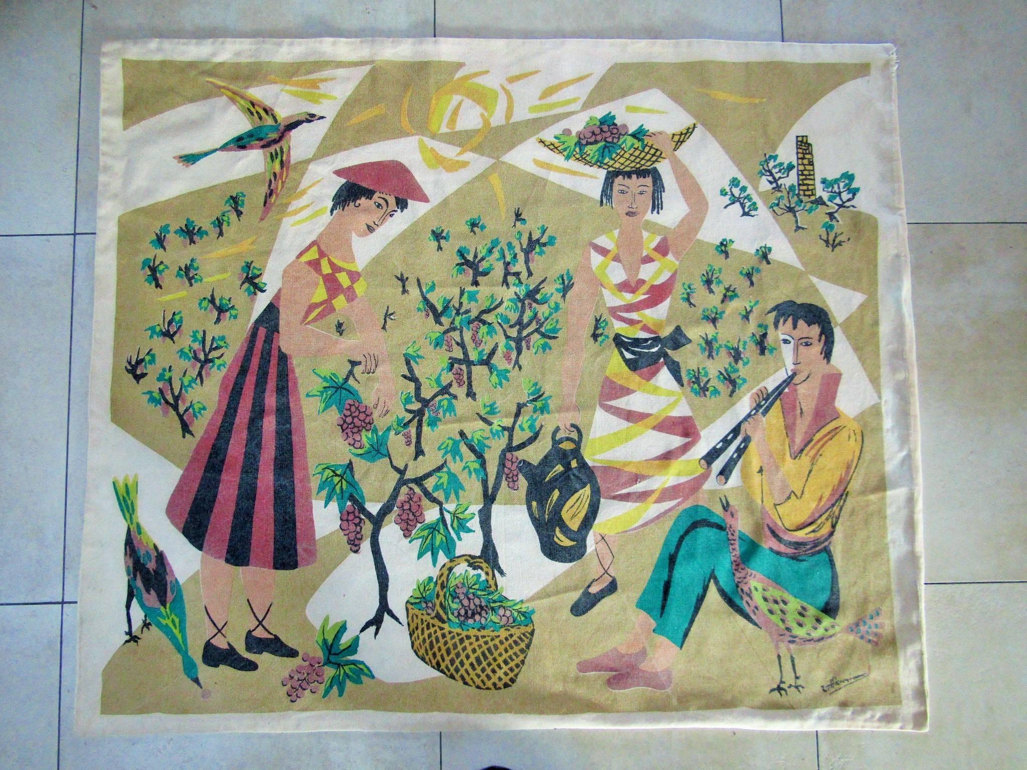 French midcentury tapestry labeled by Manufacturer Corot, France, circa 1965. Cubistic musician with girls scene.

Measures: Width 134 cm (52.8 in),
length 114 cm (44.9 in).

Note: 1960s cubism!

Free shipping worldwide!