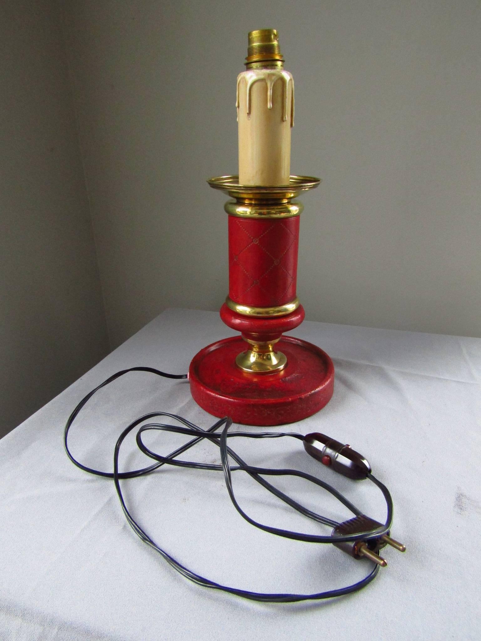 Midcentury Leather Table Lamp Style Hermes Adnet, France For Sale 2