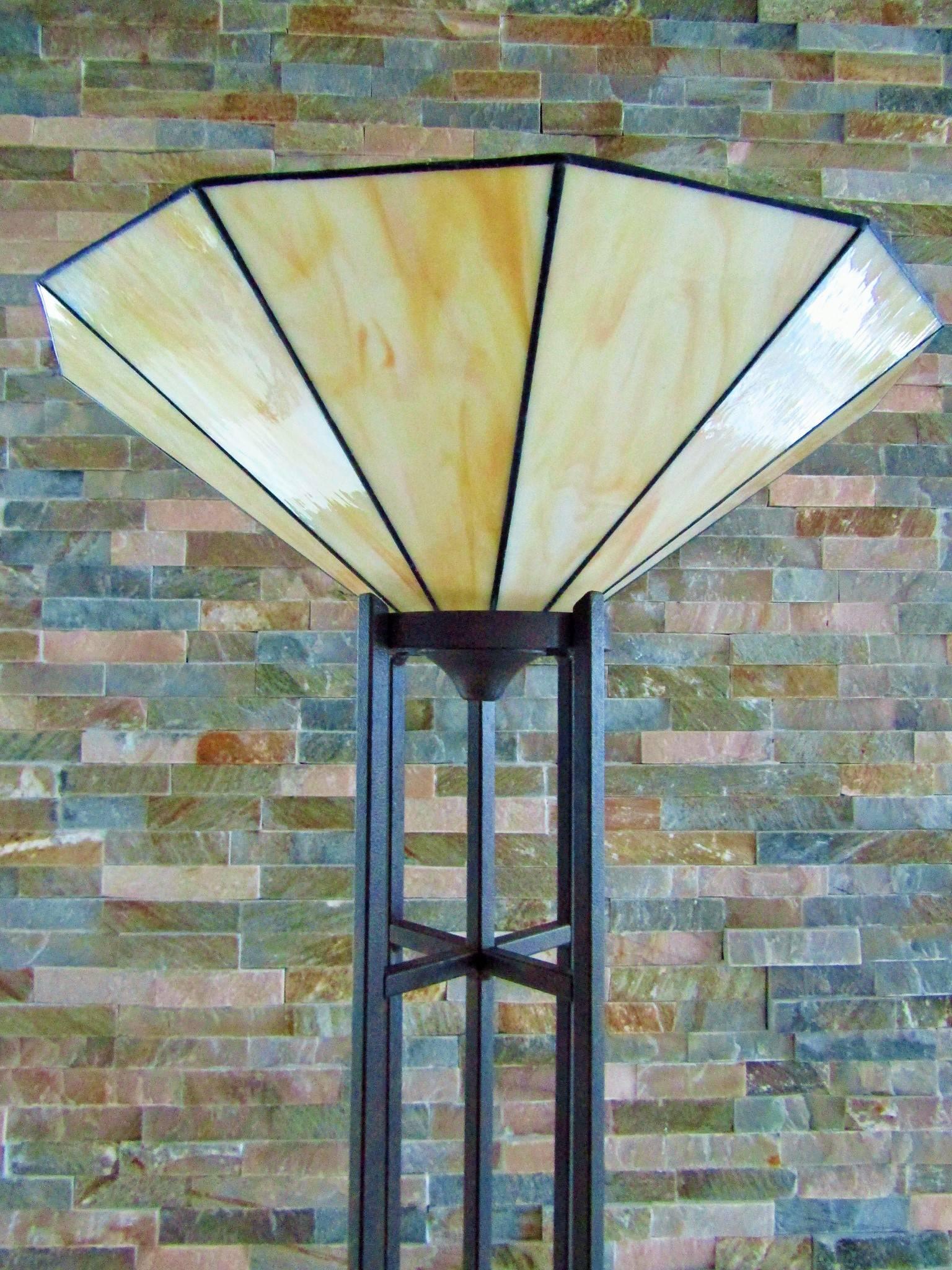 Iron Art Deco Torchiere with Tiffany Style Glass Shade