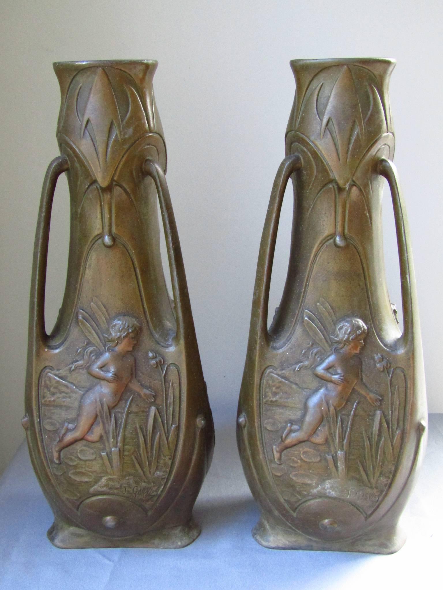 French Pair of Art Nouveau Bronze Patinated Vases by J. Garnier, France, 1900