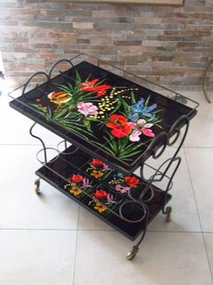 Midcentury Bar Cart Tiles and Wrought Iron, Vallauris France, 1950s