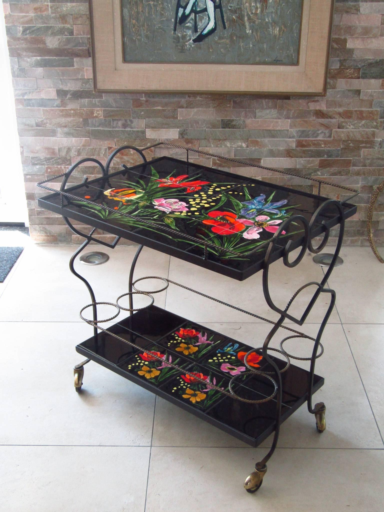 Mid-Century Modern Midcentury Bar Cart Tiles and Wrought Iron, Vallauris France, 1950s For Sale