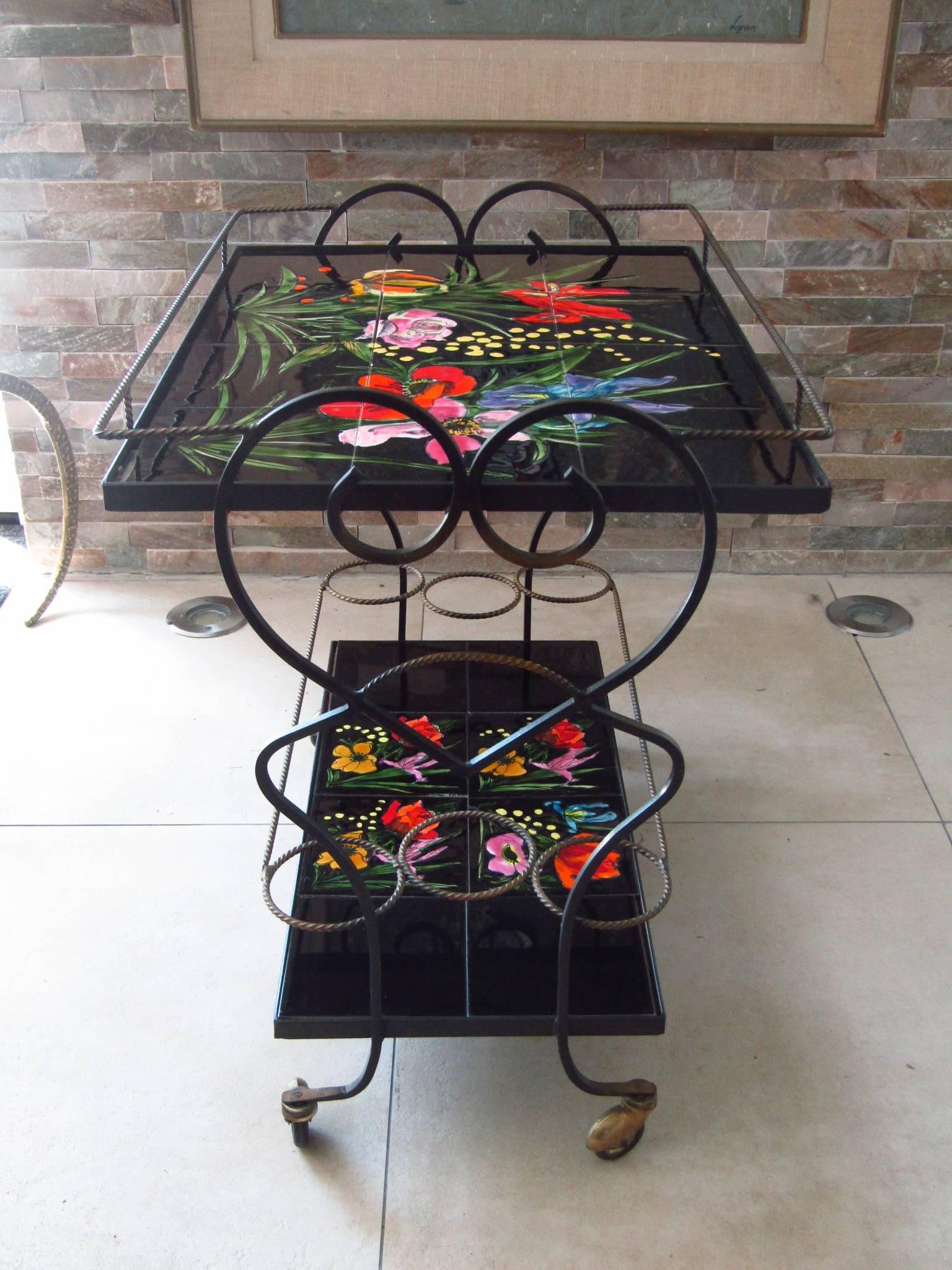 Ceramic Midcentury Bar Cart Tiles and Wrought Iron, Vallauris France, 1950s For Sale