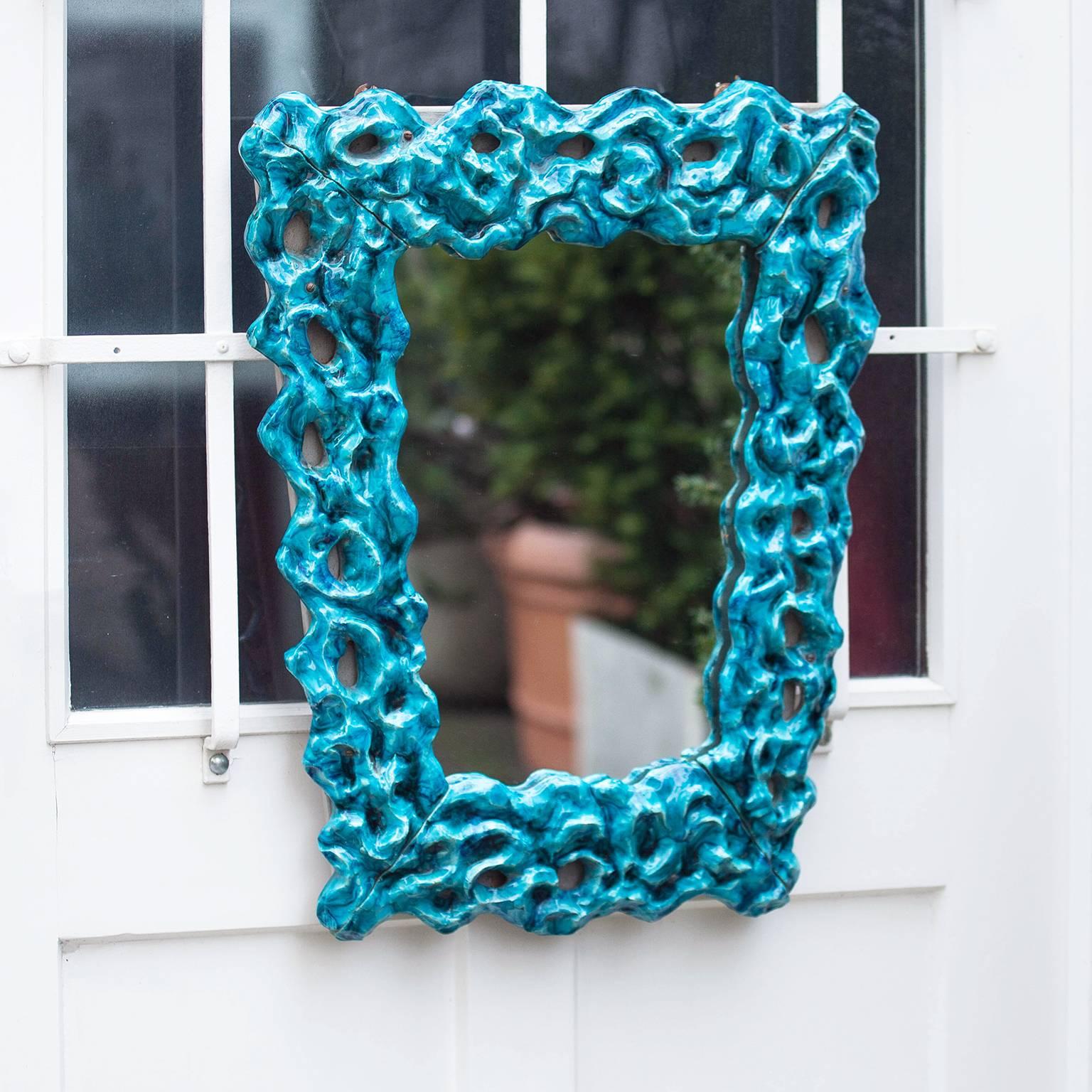 Fantastic Italian Turquoise ceramic mirror, Italy, 1950.
   