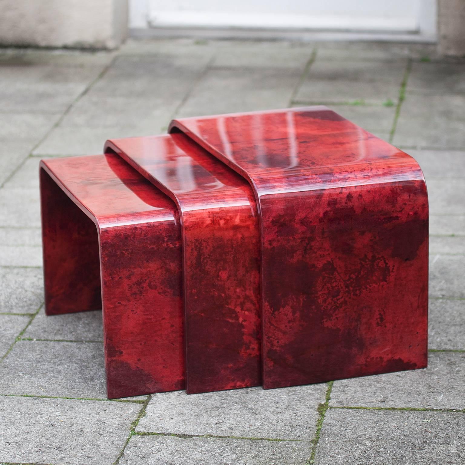 Italian Gorgeous Aldo Tura Nesting Tables Red Goatskin