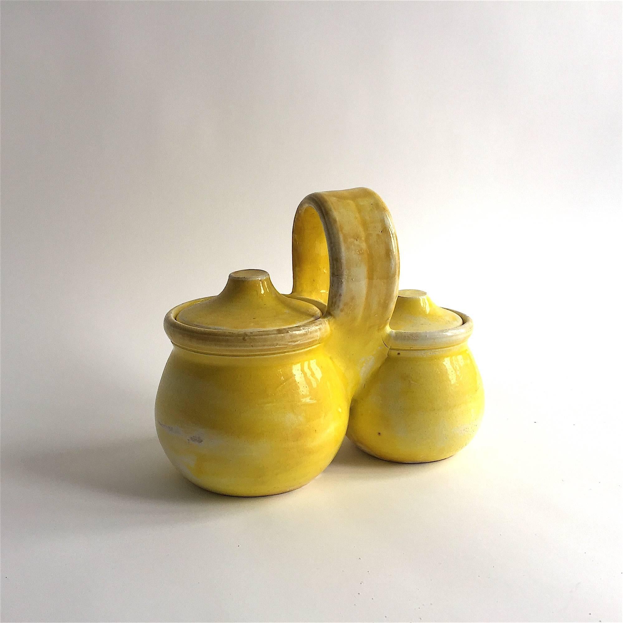Suzanne Ramié (1907-1974.) 

France ceramic dobble pot with lids and handle by renowned France artist Suzanne Ramié having a yellow-white glaze. Vallauris Clay. Incised on the bottom with the artist's 
