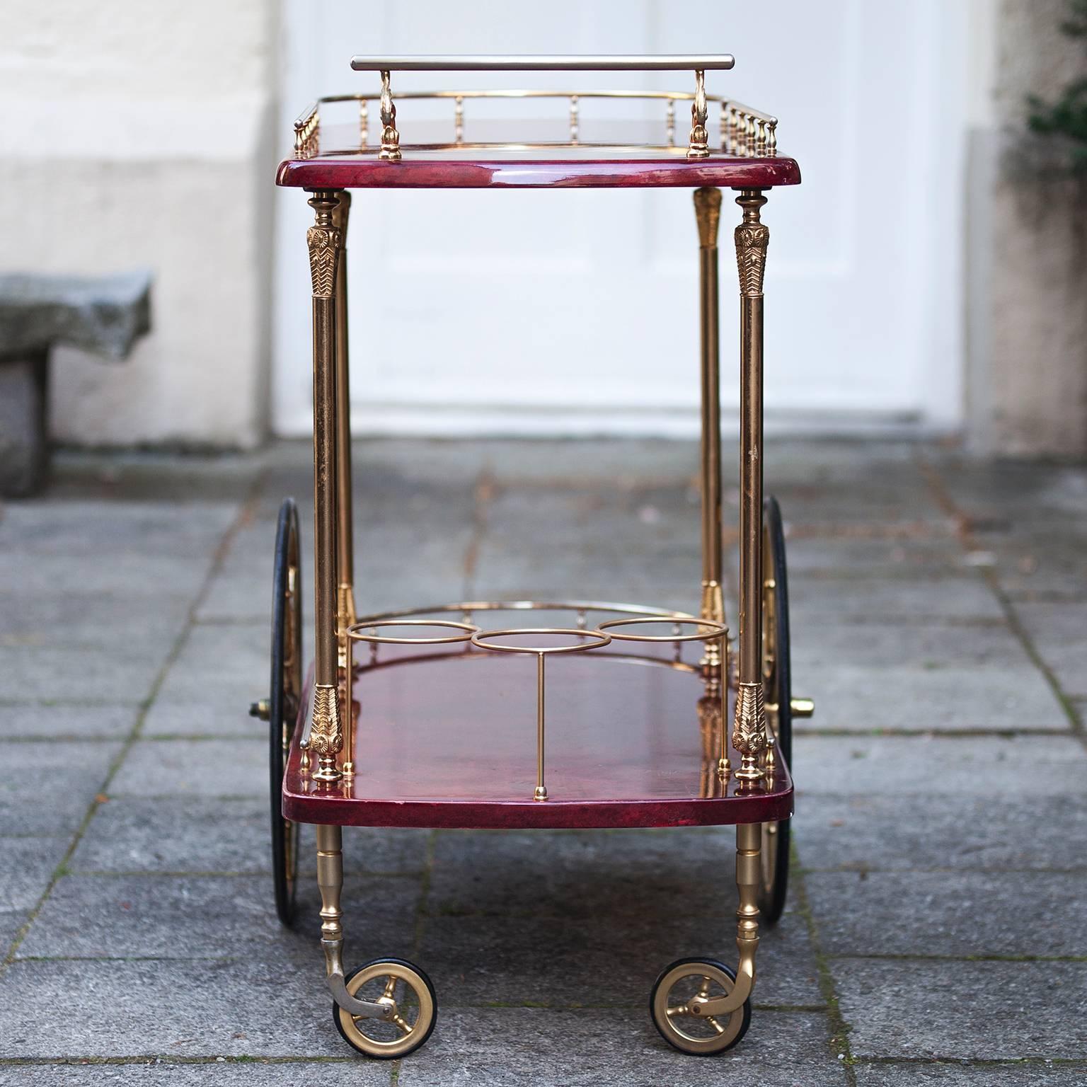 Mid-Century Modern Aldo Tura Red Goatskin Bar Cart