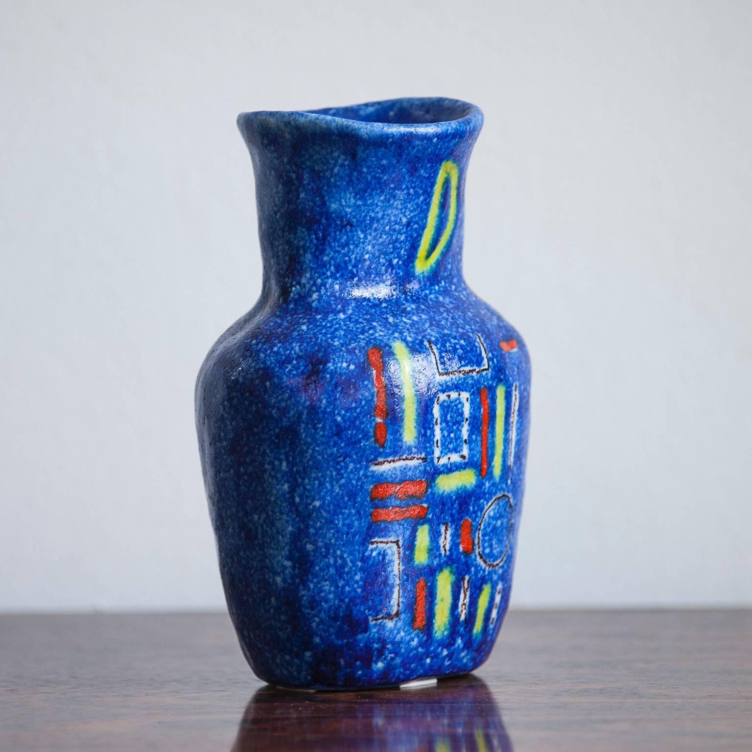 Blau glasierte Keramikvase von Guido Gambone mit Eselmarke (Moderne der Mitte des Jahrhunderts) im Angebot
