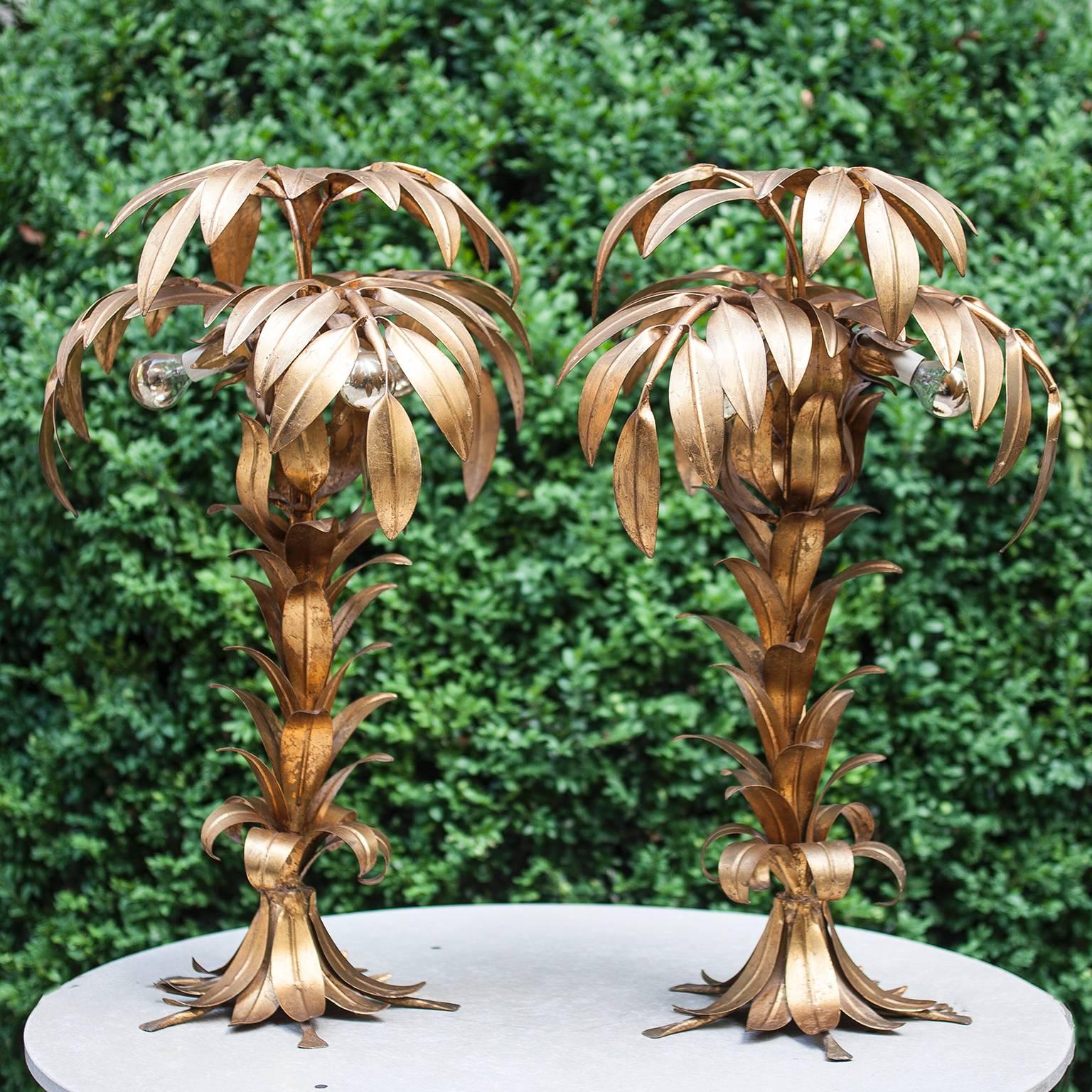 Hollywood Regency Golden Palm Table Lamps Hans Koegl Set of Two