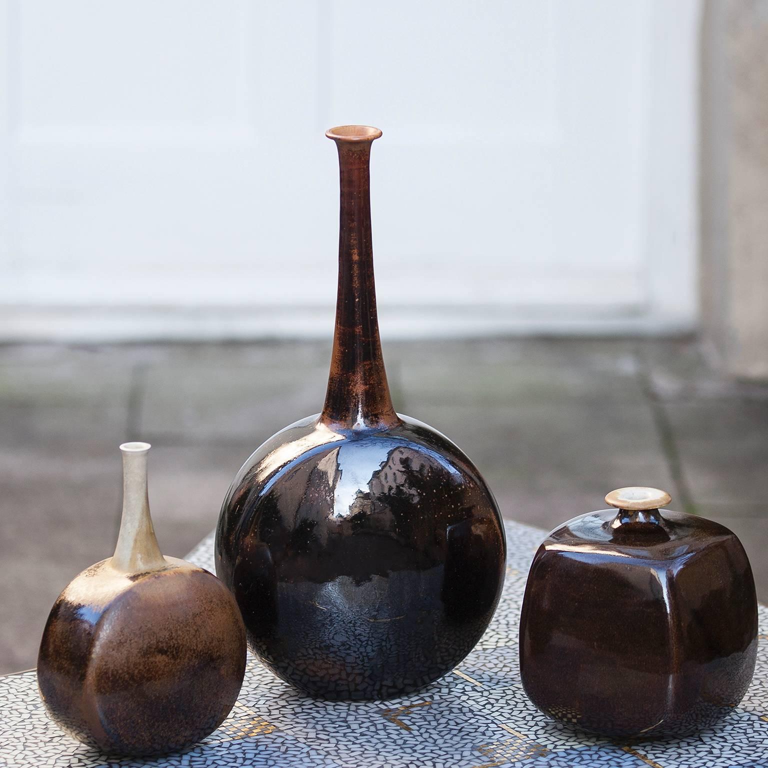 Mid-Century Modern Gerald Weigel Art Pottery Brown Glazed Ceramic Vase Set of Three