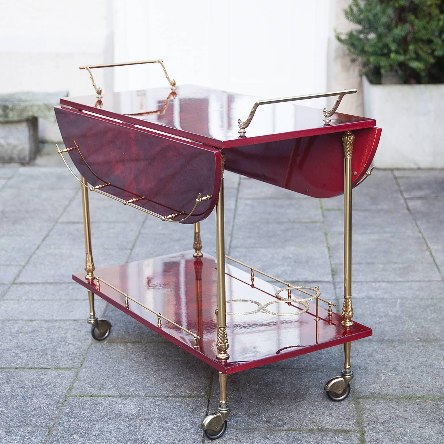 Italian Aldo Tura Red Goatskin Bar Cart with Fold-Up Sides