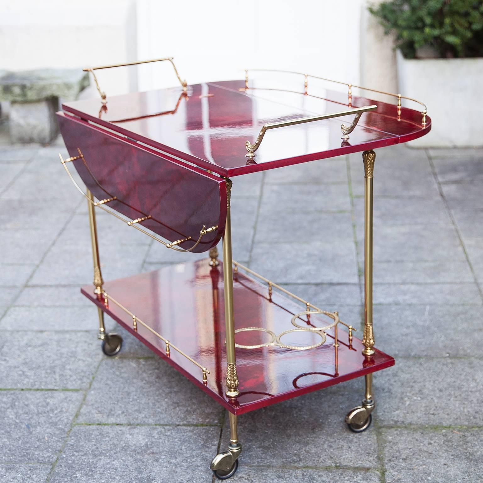 Mid-Century Modern Aldo Tura Red Goatskin Bar Cart with Fold-Up Sides