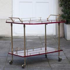 Aldo Tura Red Goatskin Bar Cart with Fold-Up Sides