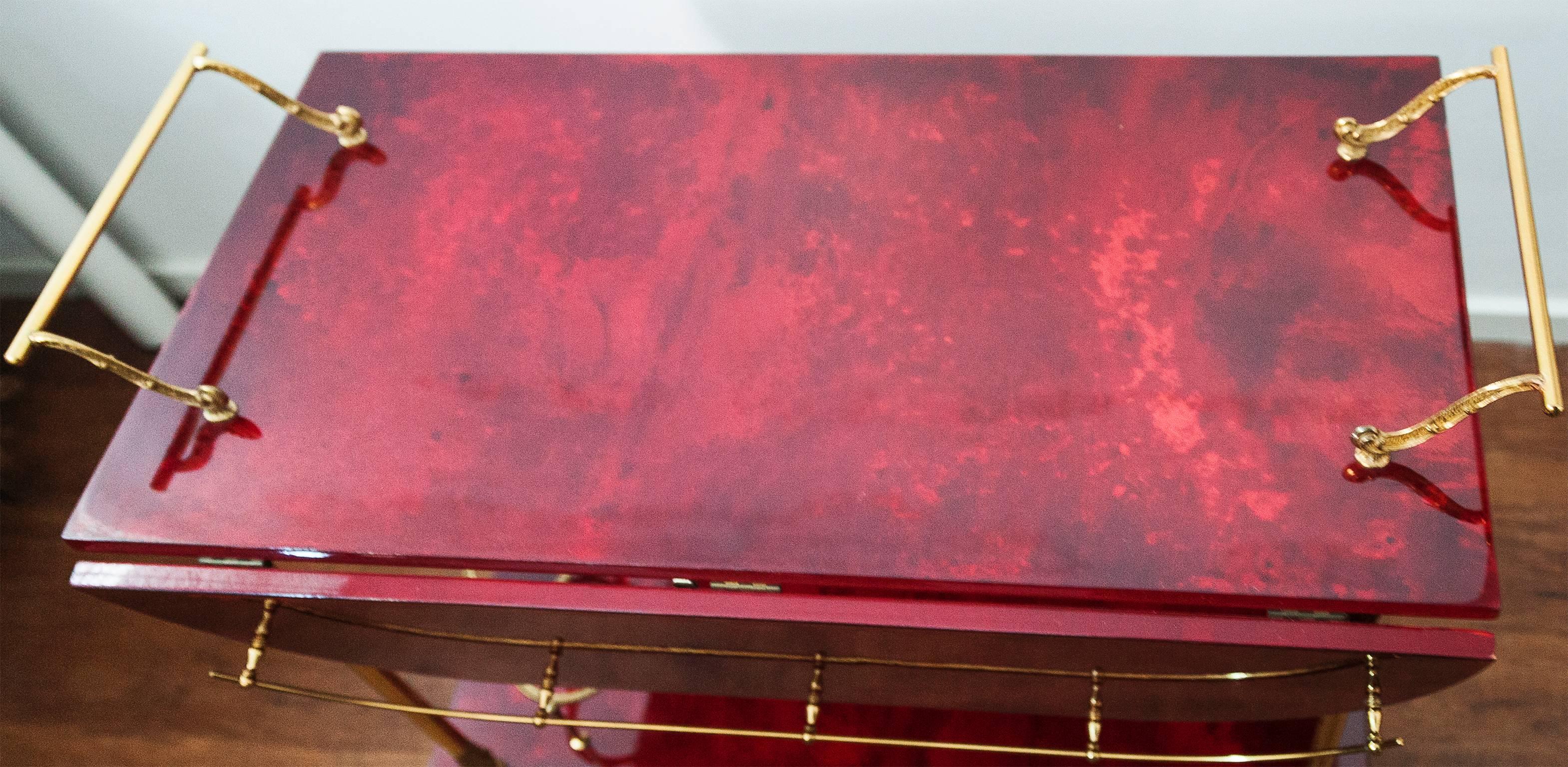 Brass Aldo Tura Red Goatskin Bar Cart with Fold-Up Sides