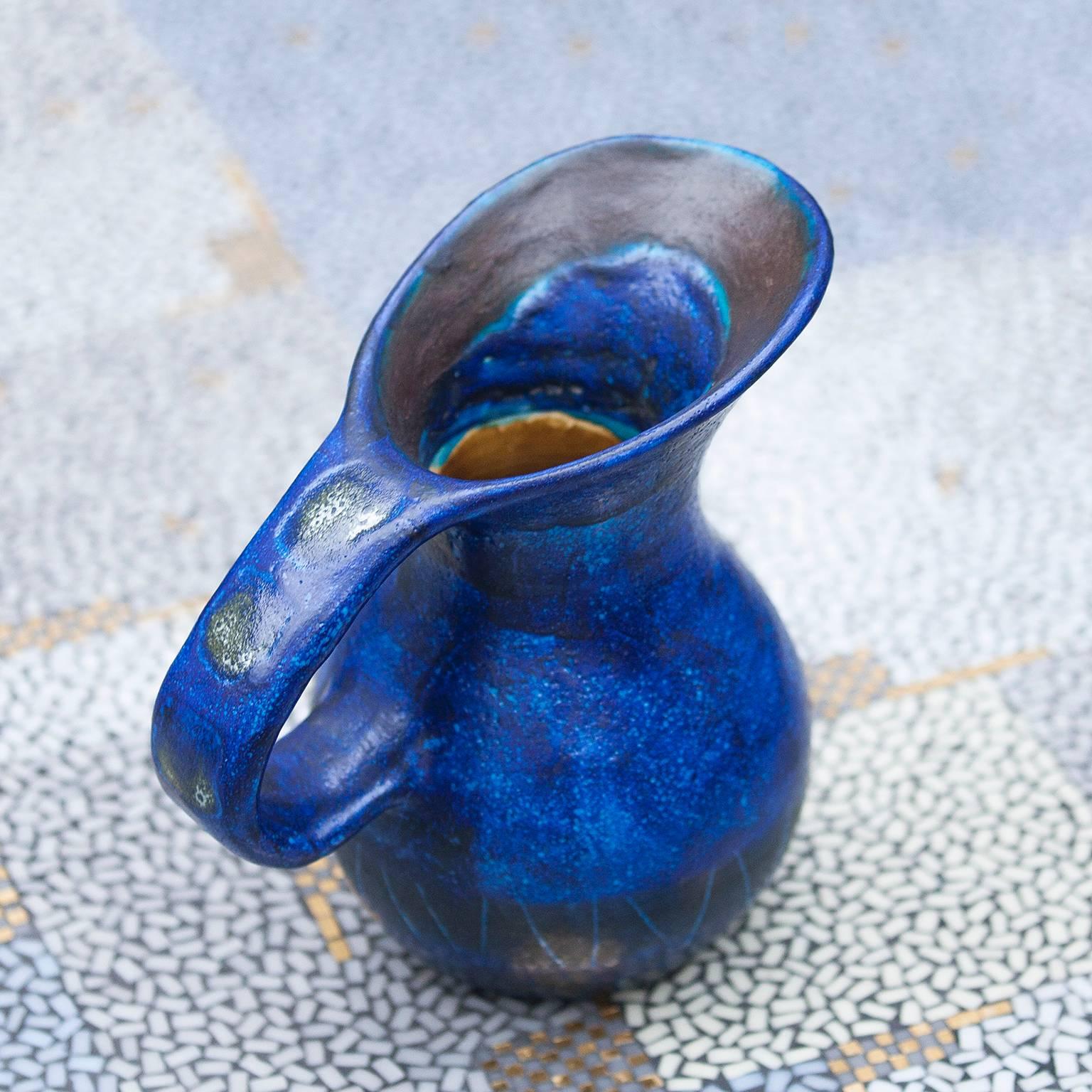 Mid-Century Modern Bruno Gambone Ceramic Pitcher Blue, Italy, 1958 For Sale