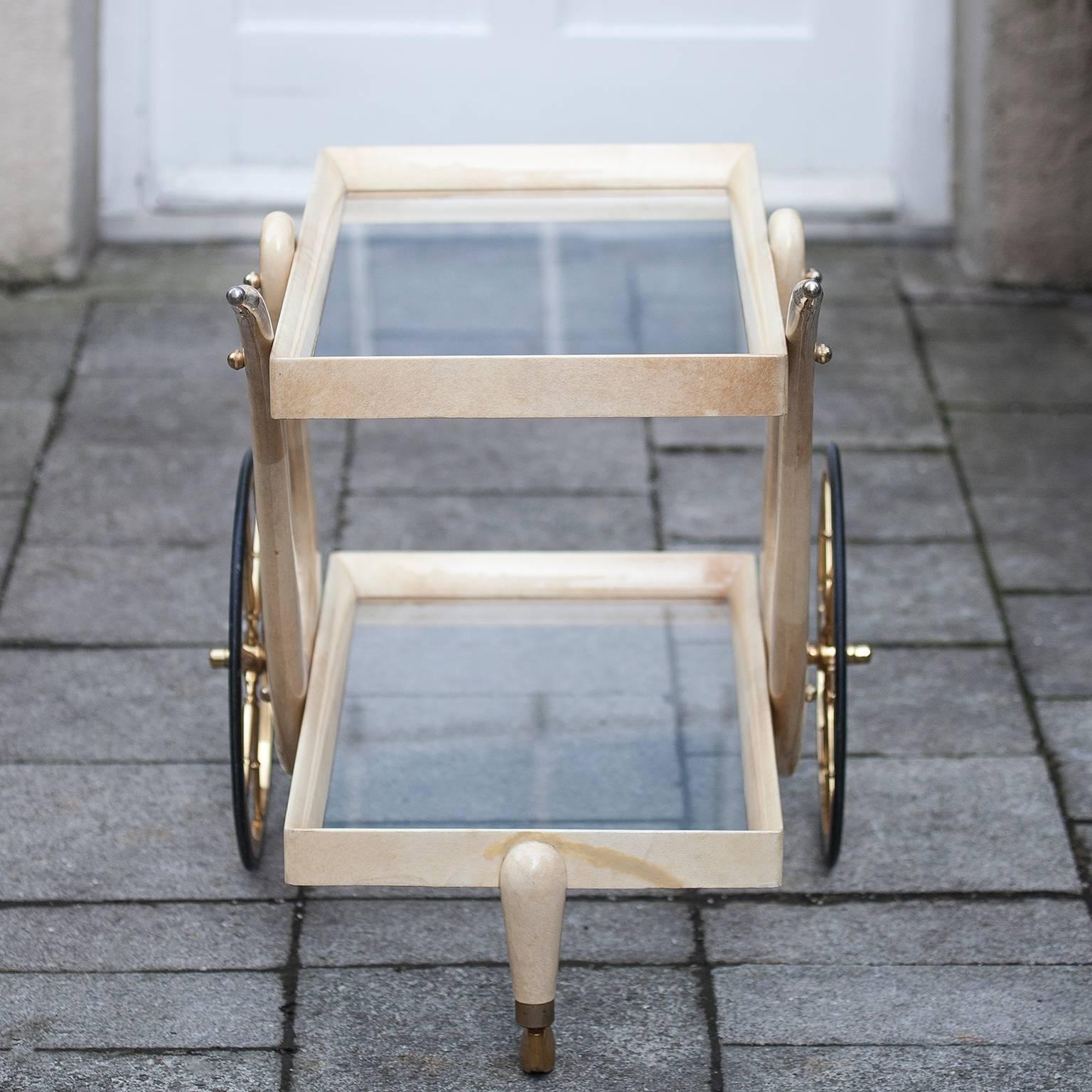 Italian Aldo Tura Swan Legs Goatskin Bar Cart