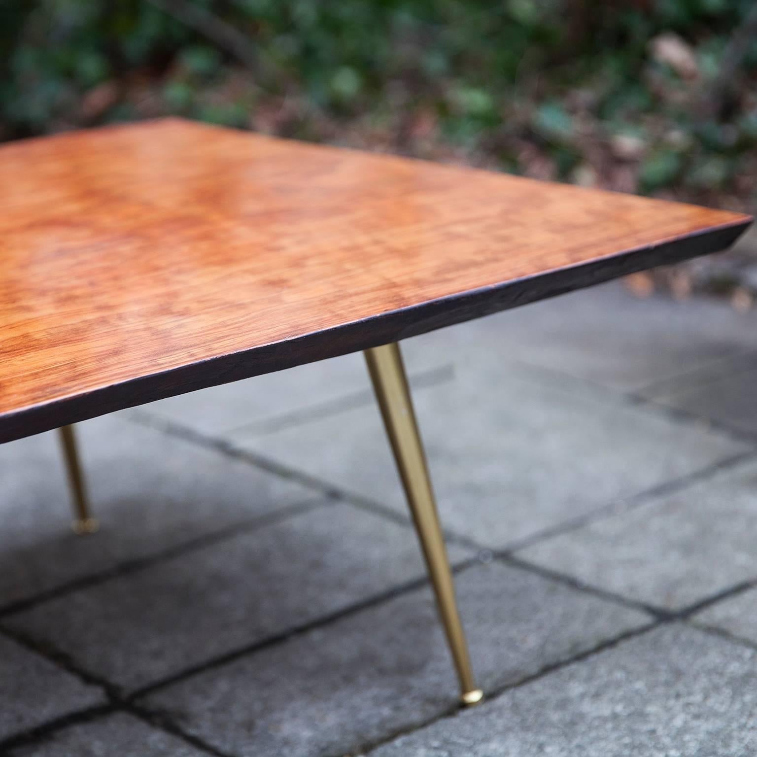 Mid-20th Century Glamorous Tripod Teak Coffee Table with Brass Legs Nakashima Style