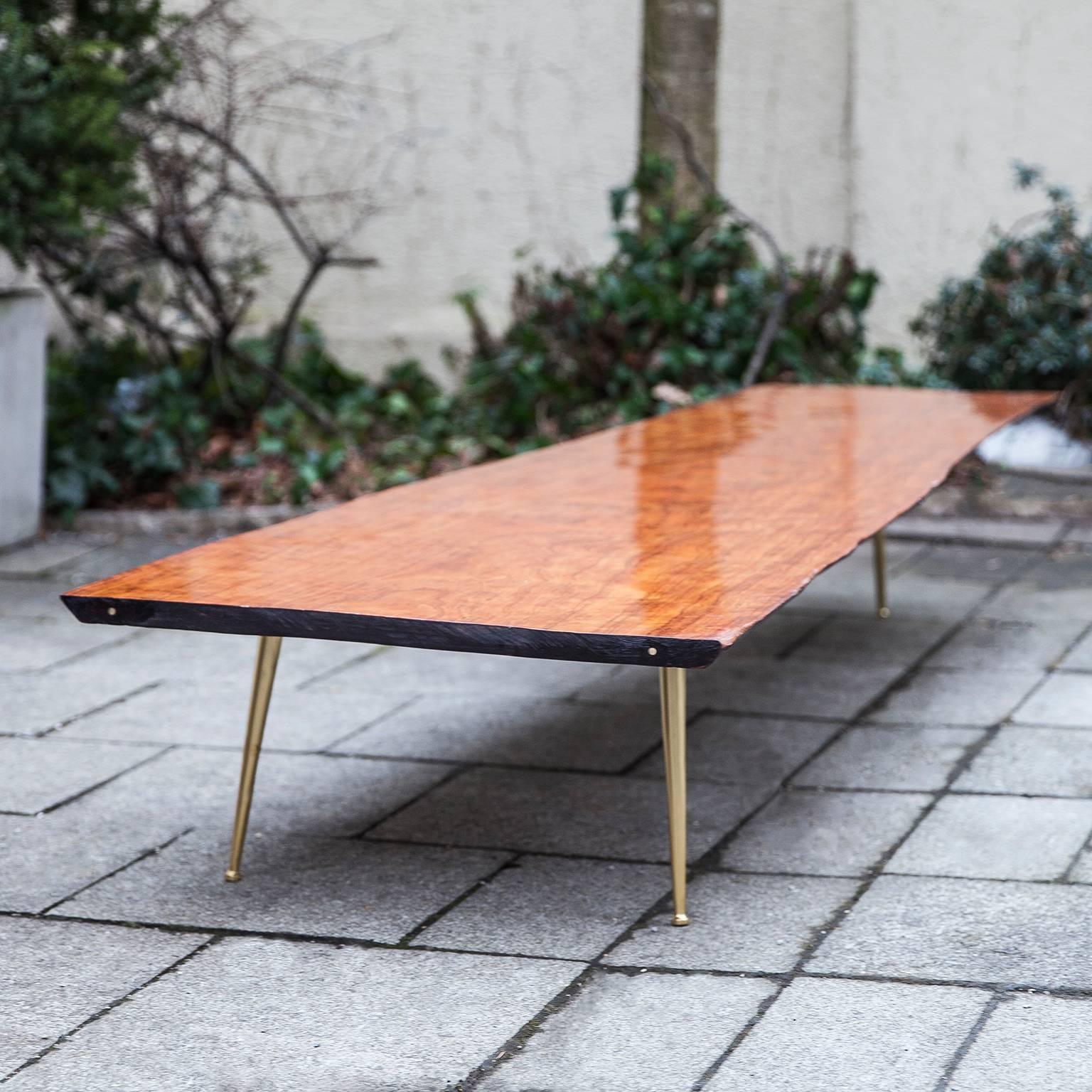Glamorous Tripod Teak Coffee Table with Brass Legs Nakashima Style In Excellent Condition In Munich, DE