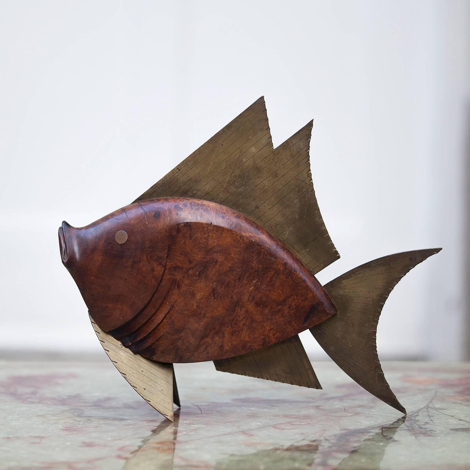 Mid-Century Modern Rare Jacques Adnet Brass Burlwood Fish Sculpture Signed