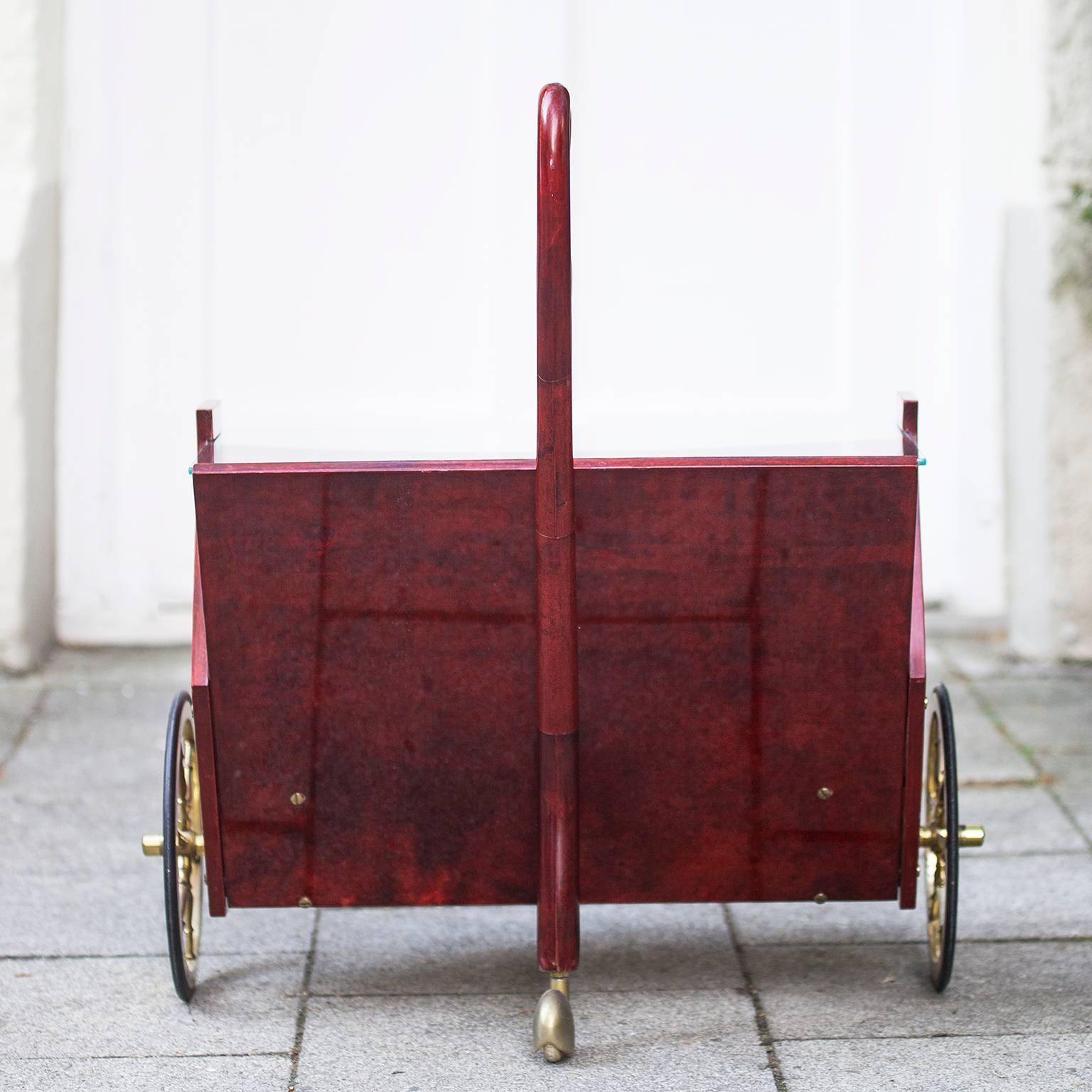 Brass Aldo Tura Red Goatskin Magazine Rack Bar Cart