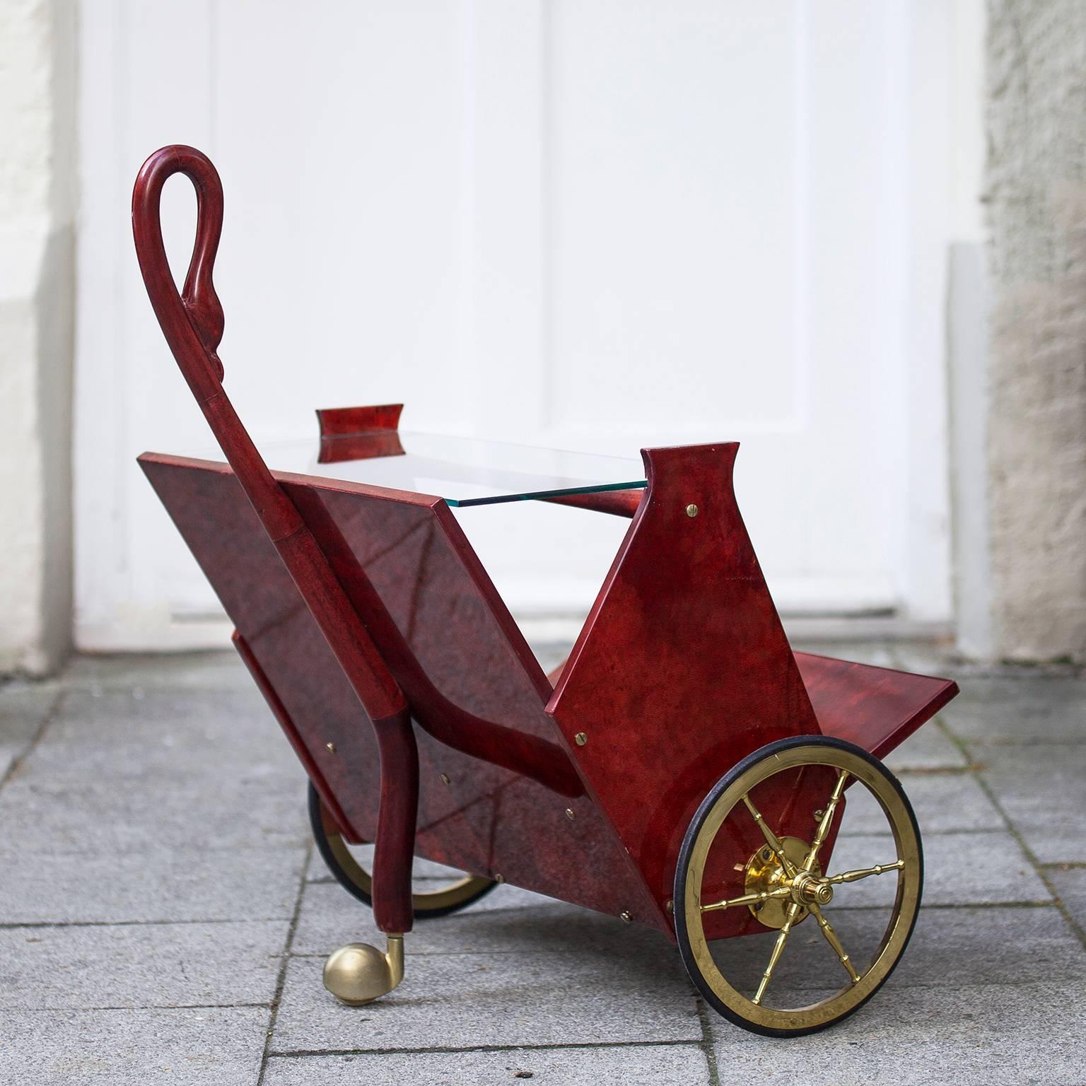 Italian Aldo Tura Red Goatskin Magazine Rack Bar Cart