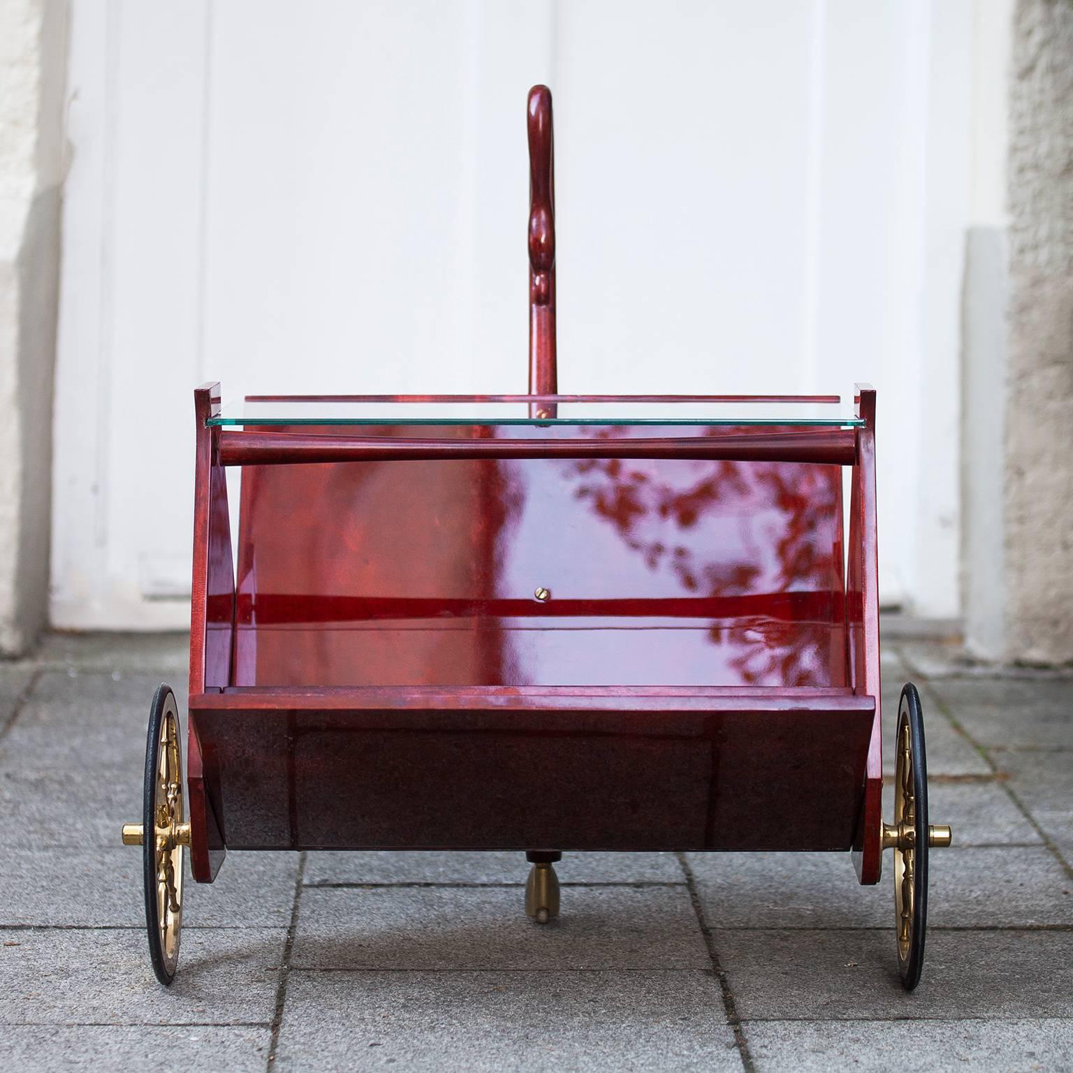 Mid-Century Modern Aldo Tura Red Goatskin Magazine Rack Bar Cart