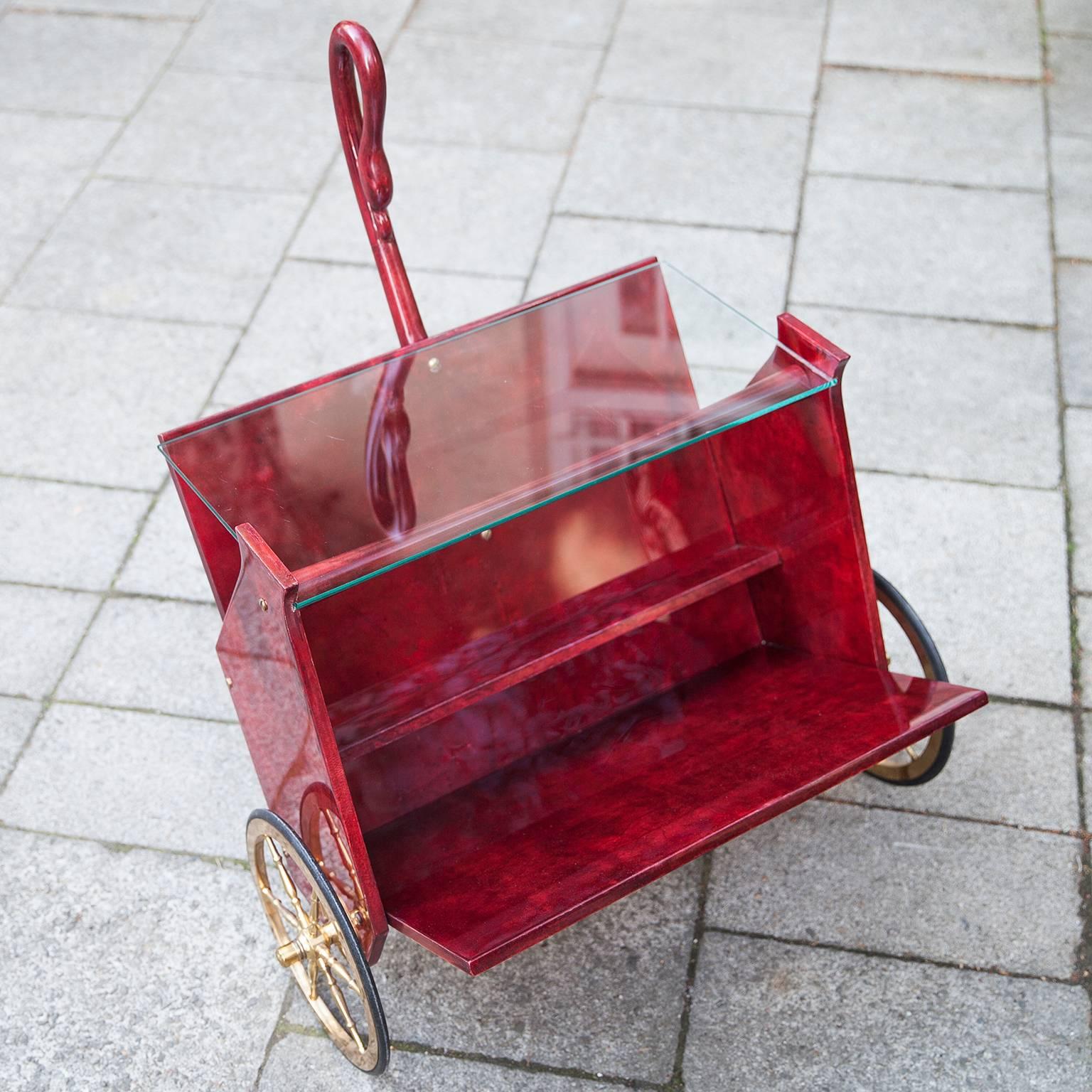 Mid-20th Century Aldo Tura Red Goatskin Magazine Rack Bar Cart