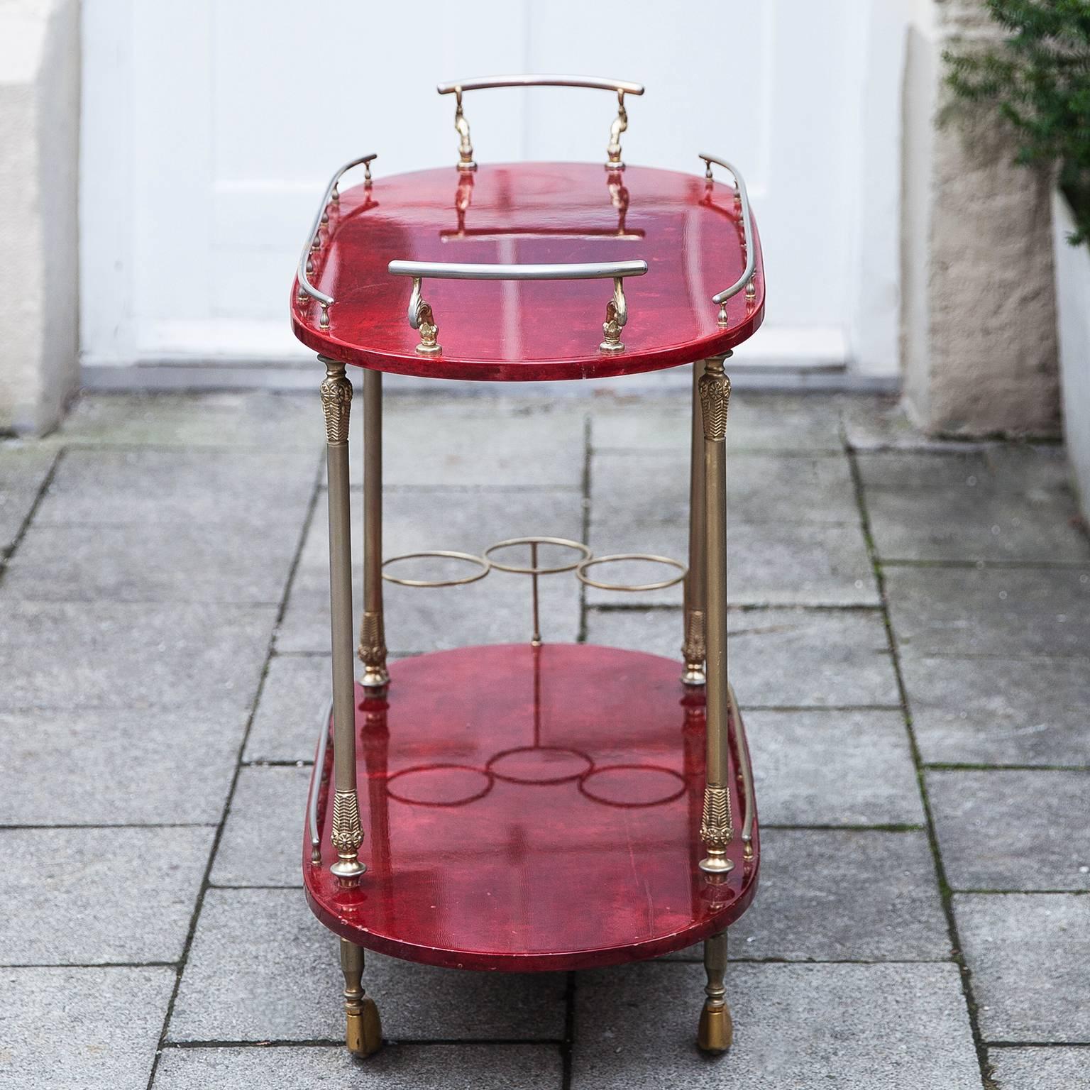 Mid-20th Century Aldo Tura Oval Bar Cart Red Goatskin