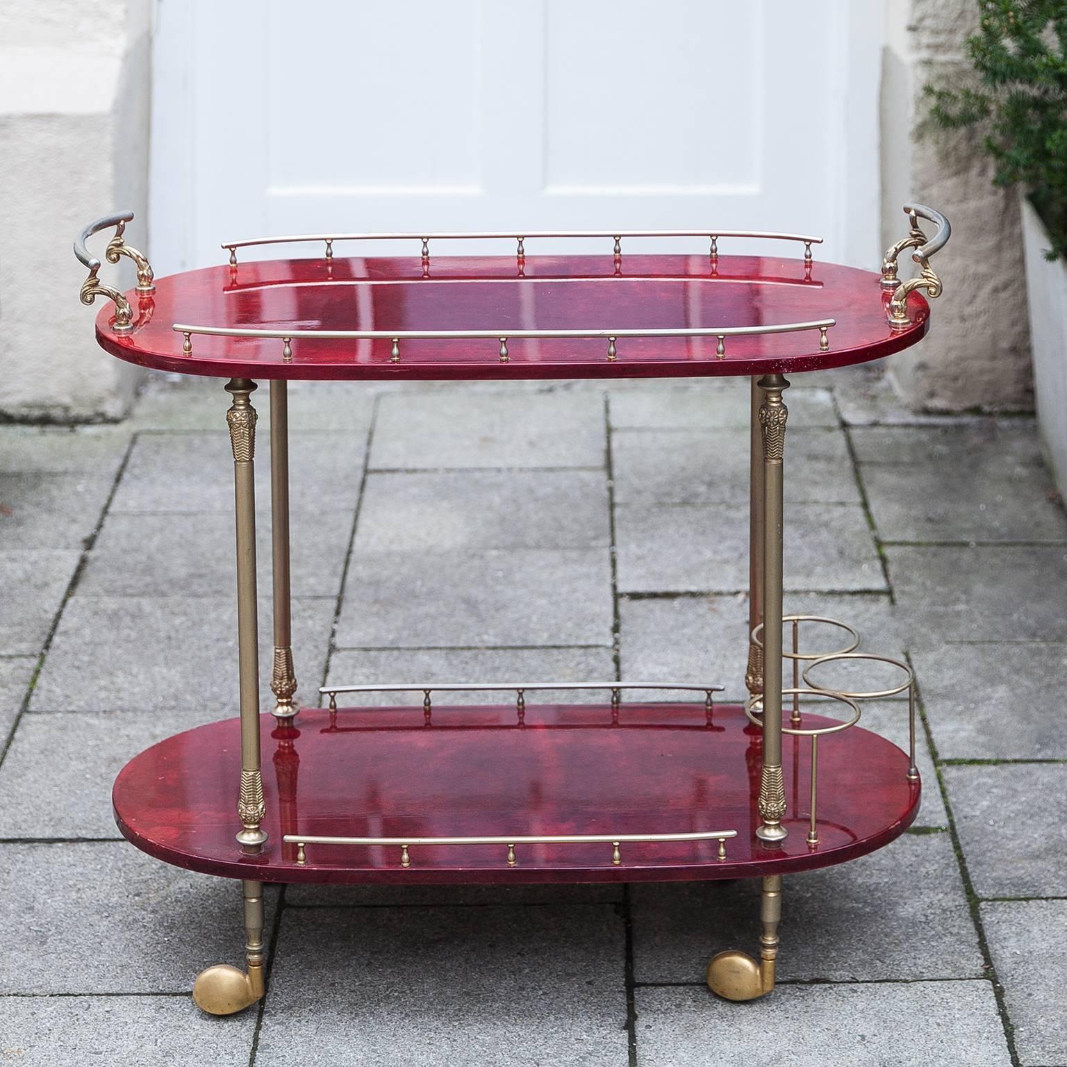 Italian Aldo Tura Oval Bar Cart Red Goatskin