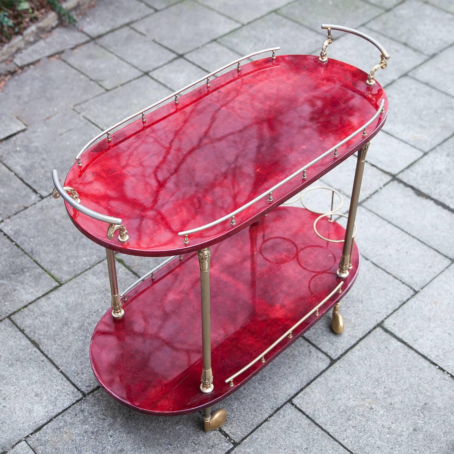 Aldo Tura Oval Bar Cart Red Goatskin In Excellent Condition In Munich, DE