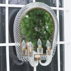 Huge Carlo Scarpa Trecia Venini Wall Mirror with Two Lights Signed