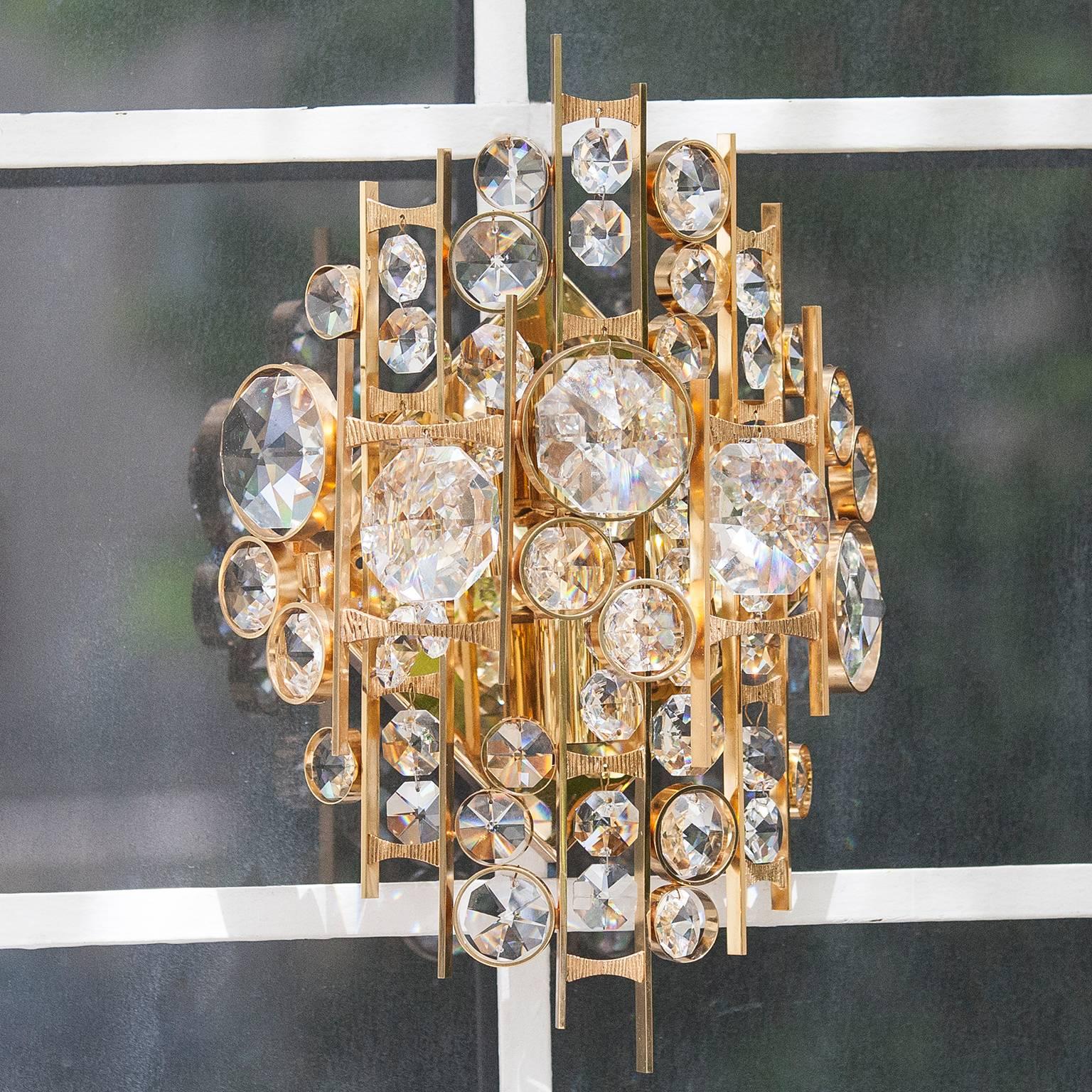 Huge Palwa Gilt Metal Jewel Crystal Sconces (Hollywood Regency)