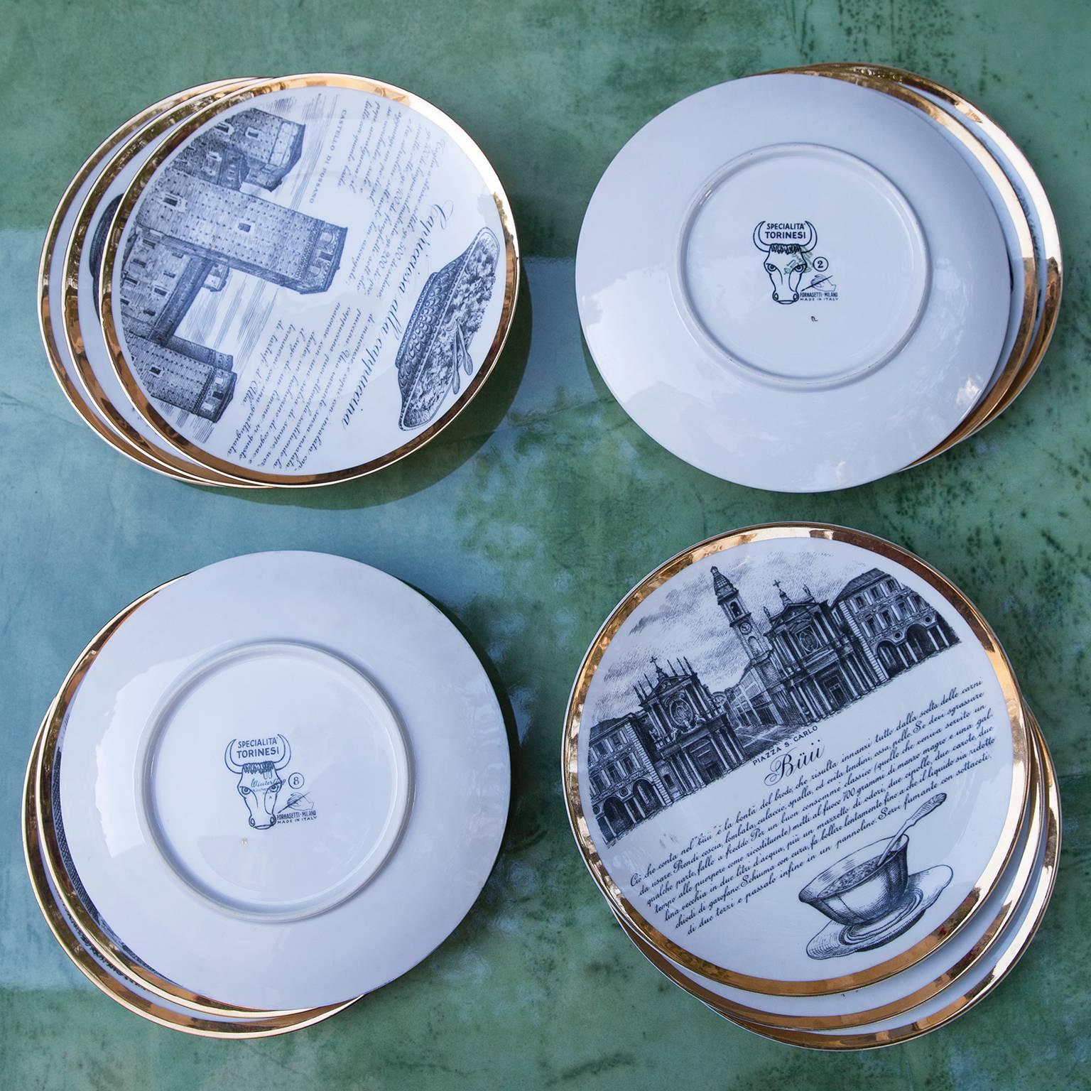 Set von 12 Fornasetti Piemontesi-Tellern, Italien, 1950er Jahre (Porzellan)