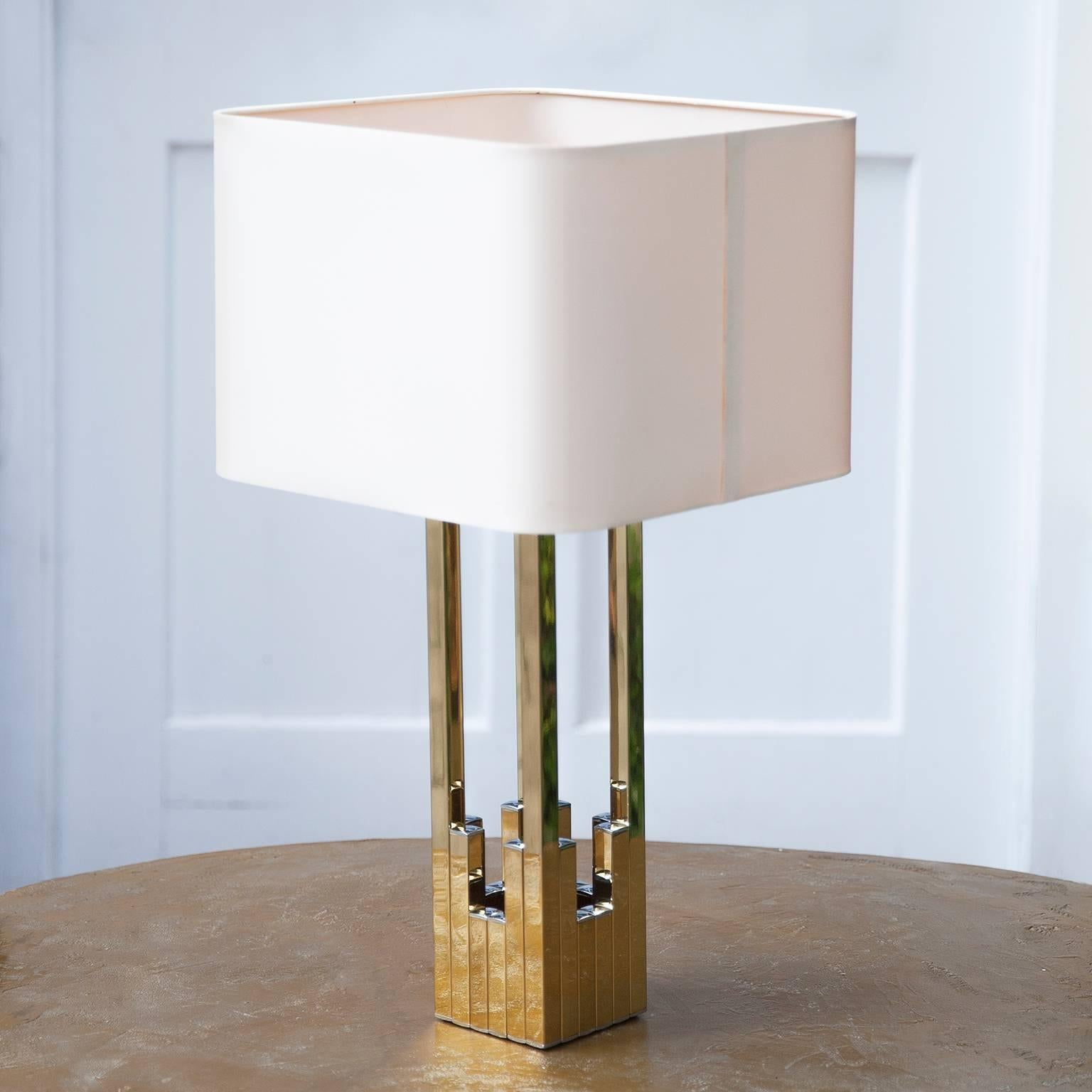 Willy Rizzo chrome and gilt table lamp by Lumica with an original silk shads, Italy, 1970s. Fabulous sculptural bicolor lamp with chrome tips are a unique 1970s design reflective of Rizzo’s Italian genius.

Measures: H 57, D 30 cm.
       