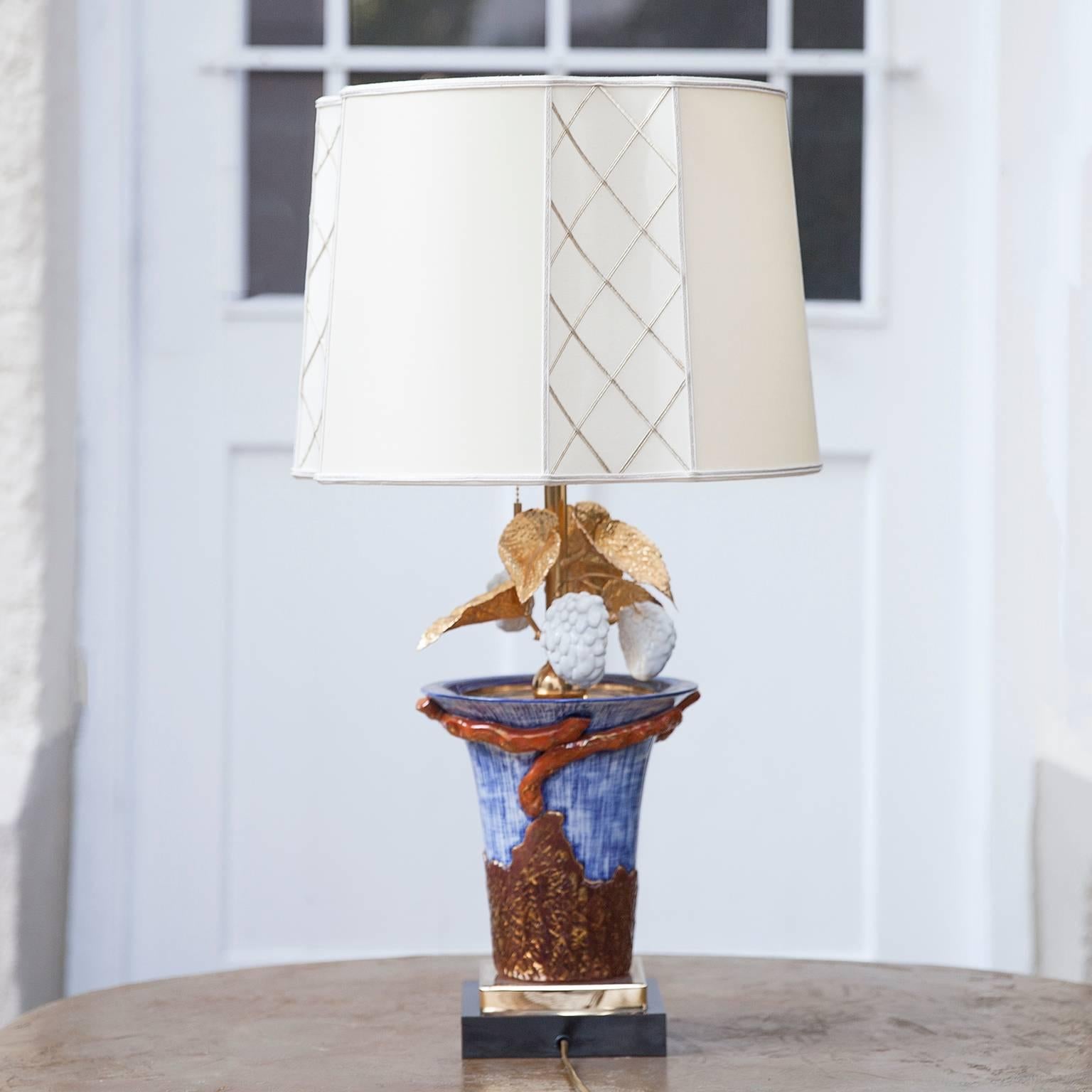 French Colorful Porcelain Leaf Table Lamp For Sale