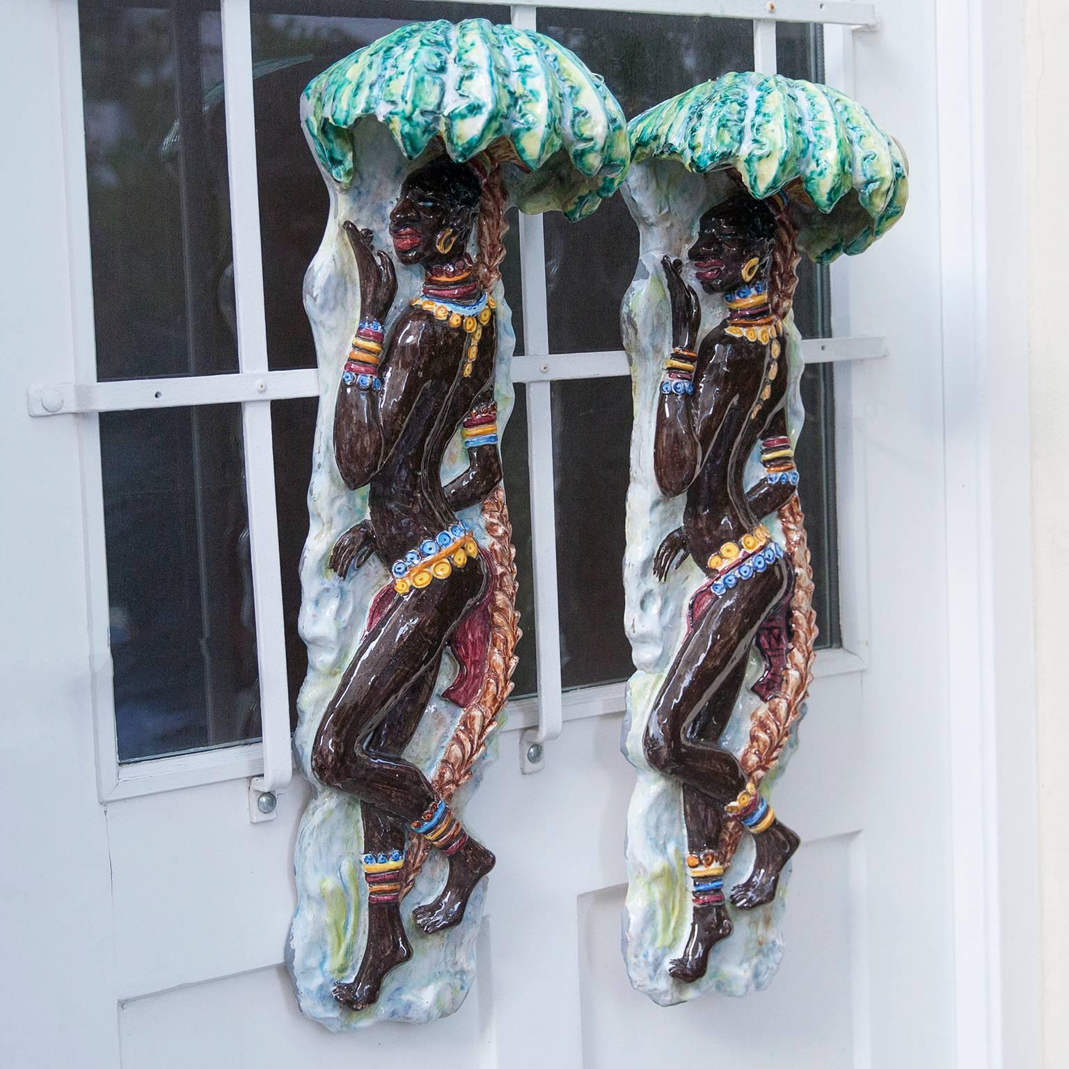 Mid-Century Modern Fantastic African Dancing Women Ceramic Wall Appliques Set of Two, 1950