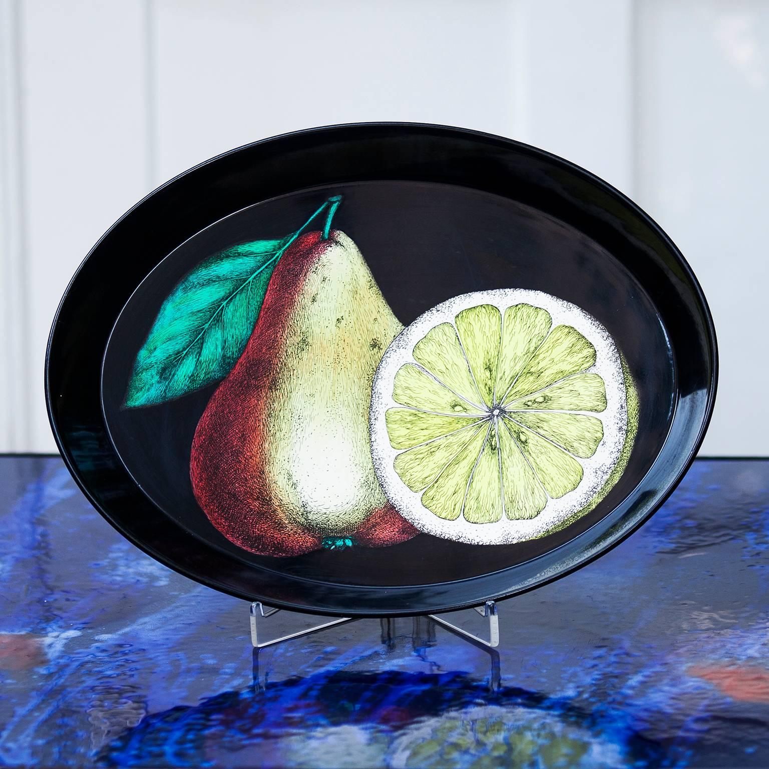 Very rare original Piero Fornasetti oval tray, Italy, circa 1950, metal, lacquered,
signed with old Fornasetti sticker and included a Lucite stand
Measures: H 4 x 45 B x 34 D cm.