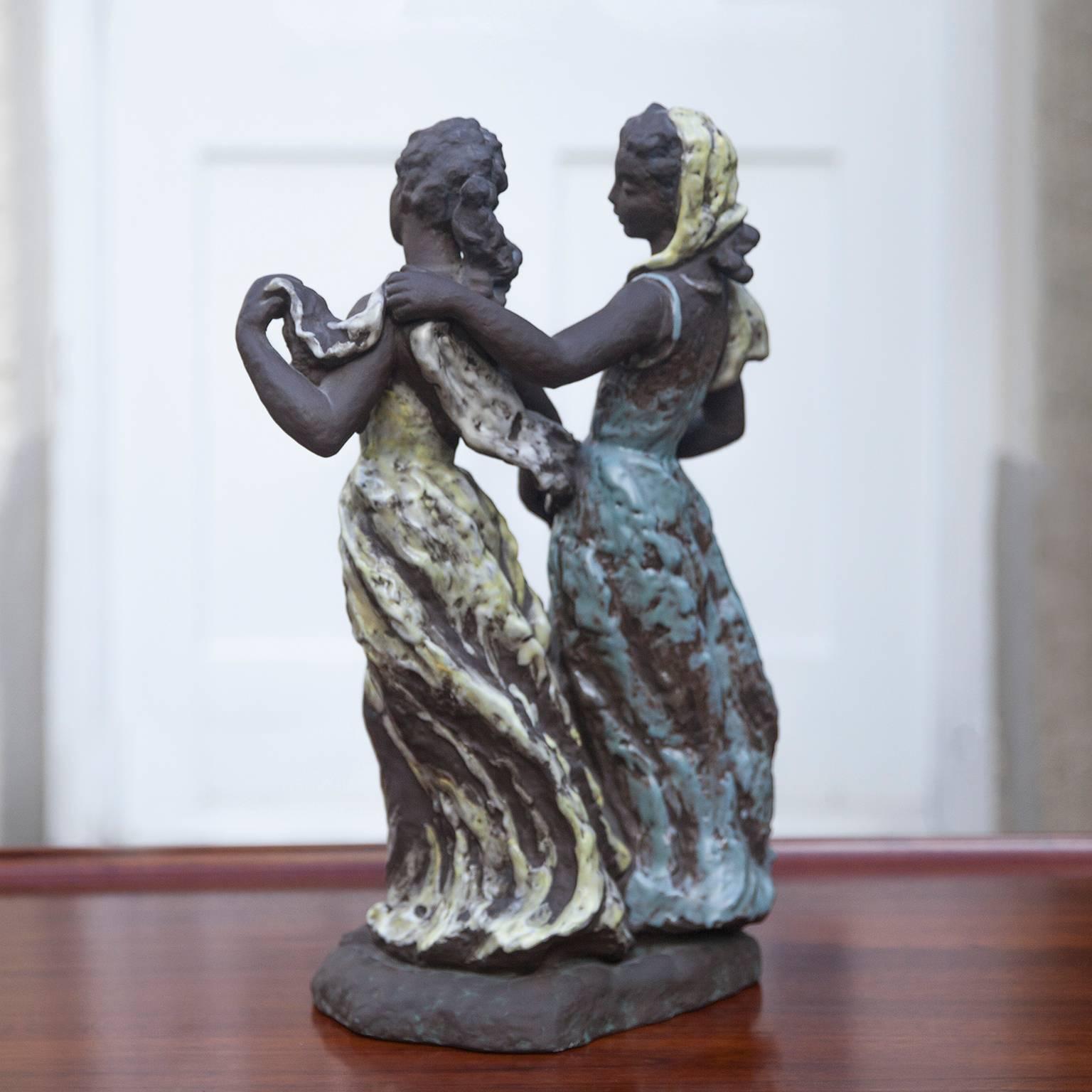 Karlsruher Majolika, Menuett of two ladys, designed by Lore Friedrich-Gronau (1908-2002), model: 6397, ceramic partially glazed, marked on the bottom.