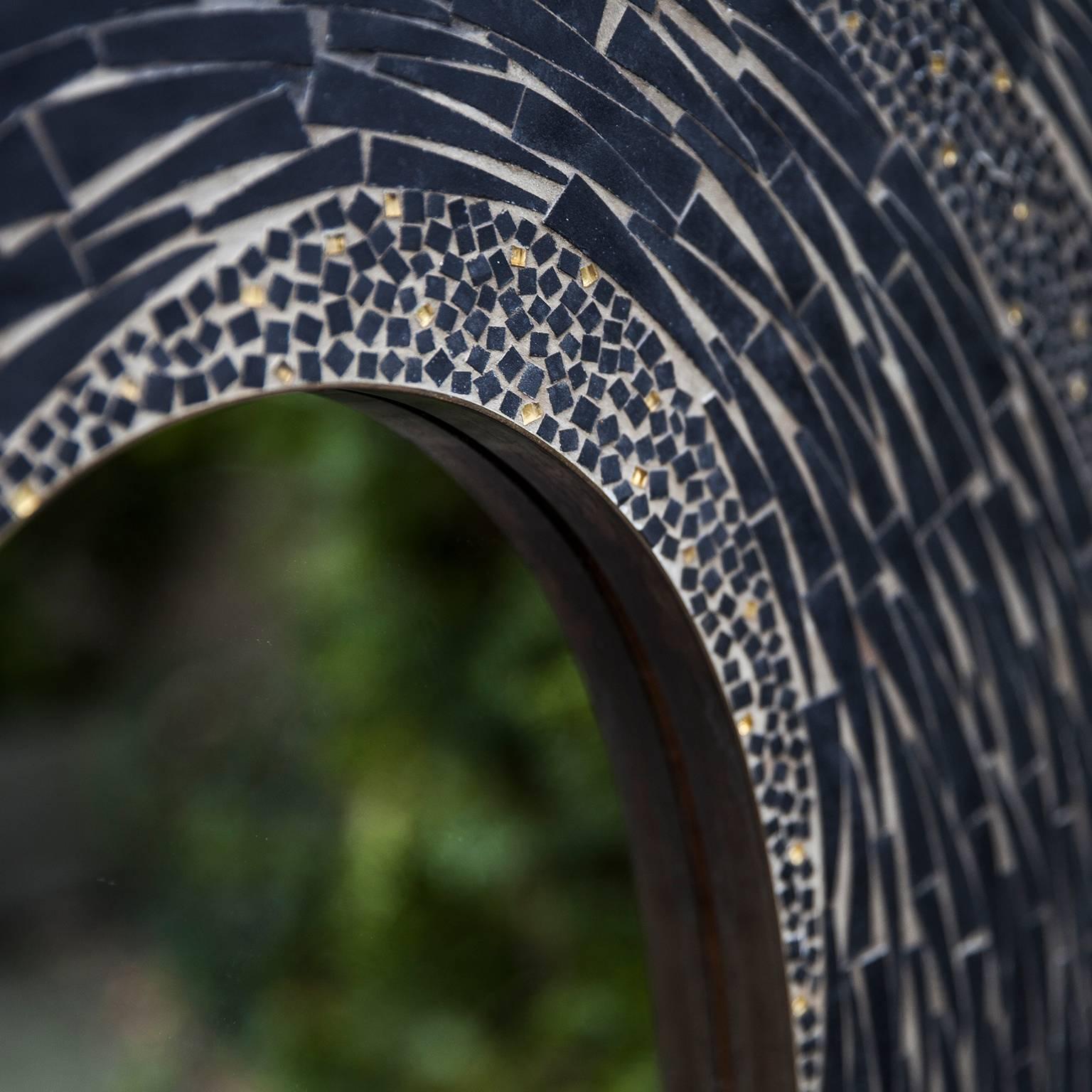 Mid-Century Modern Oval Black Stone Golden Glass Mosaic Wall Mirror, 1950