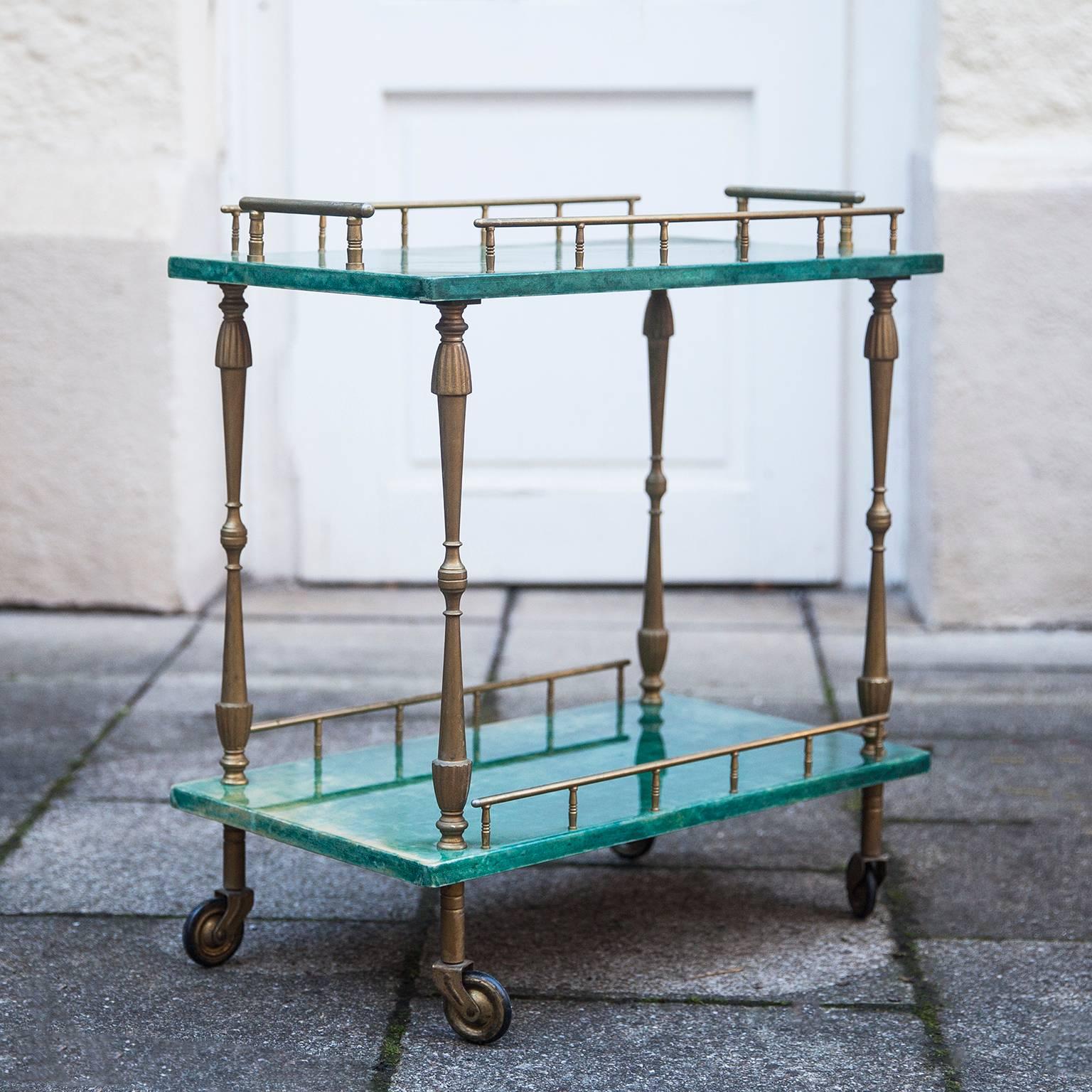 Italian Aldo Tura Small Green Goatskin Rectangular Serving Cart