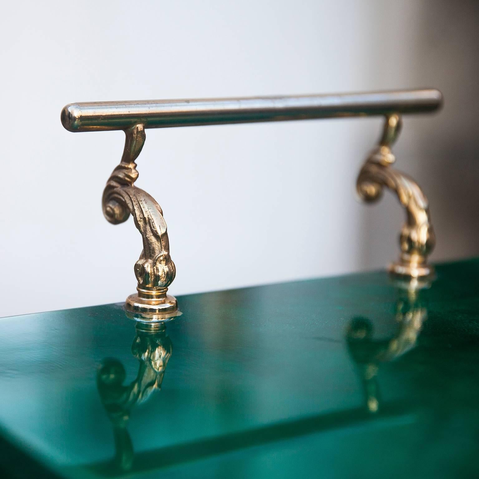 Brass Aldo Tura Green Goatskin Bar Cart Fold-Up Sides