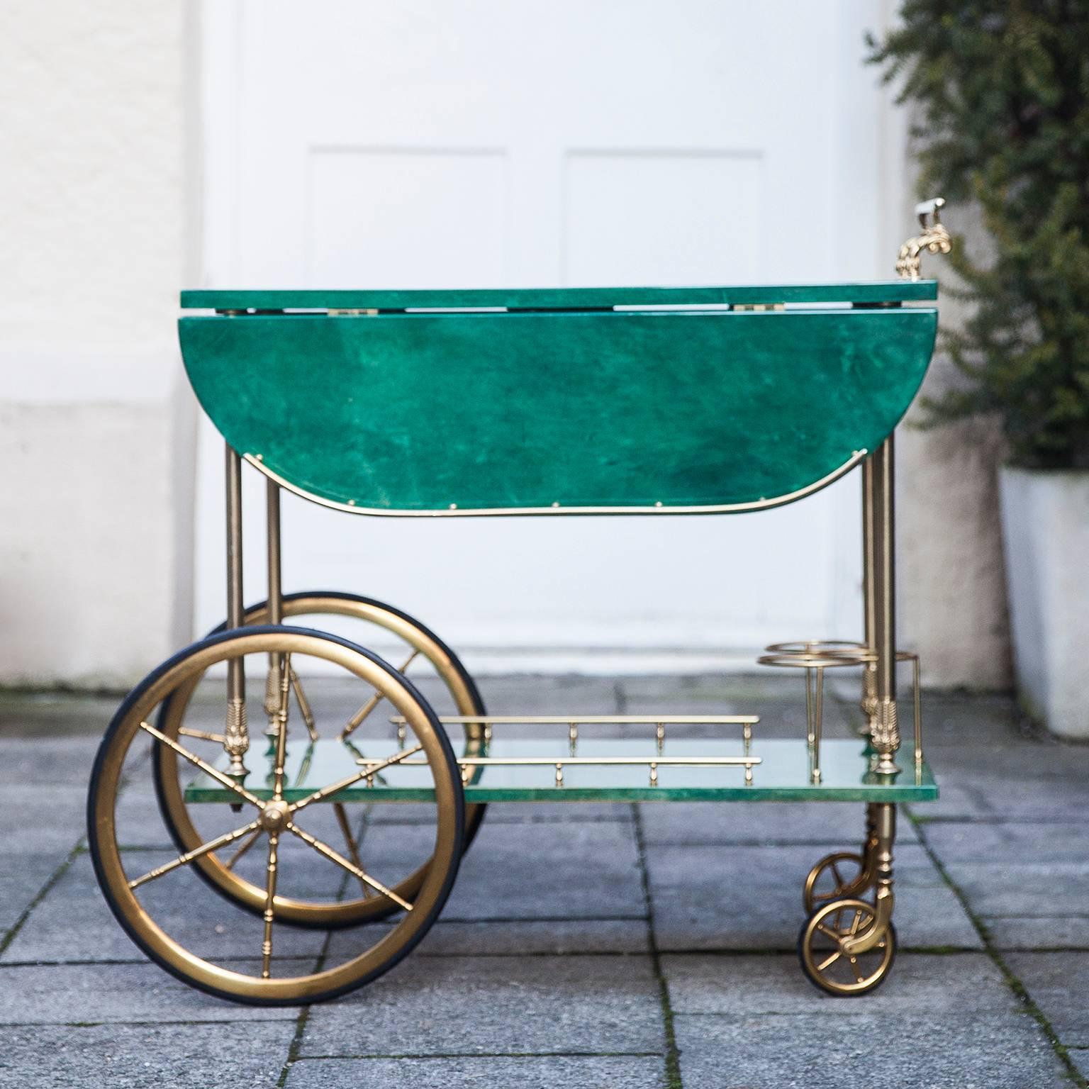 Hollywood Regency Aldo Tura Green Goatskin Bar Cart Fold-Up Sides