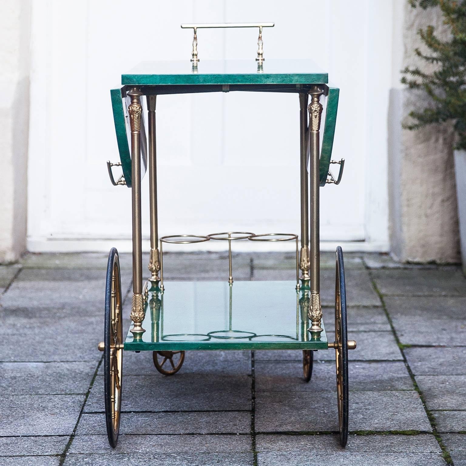 Mid-20th Century Aldo Tura Green Goatskin Bar Cart Fold-Up Sides