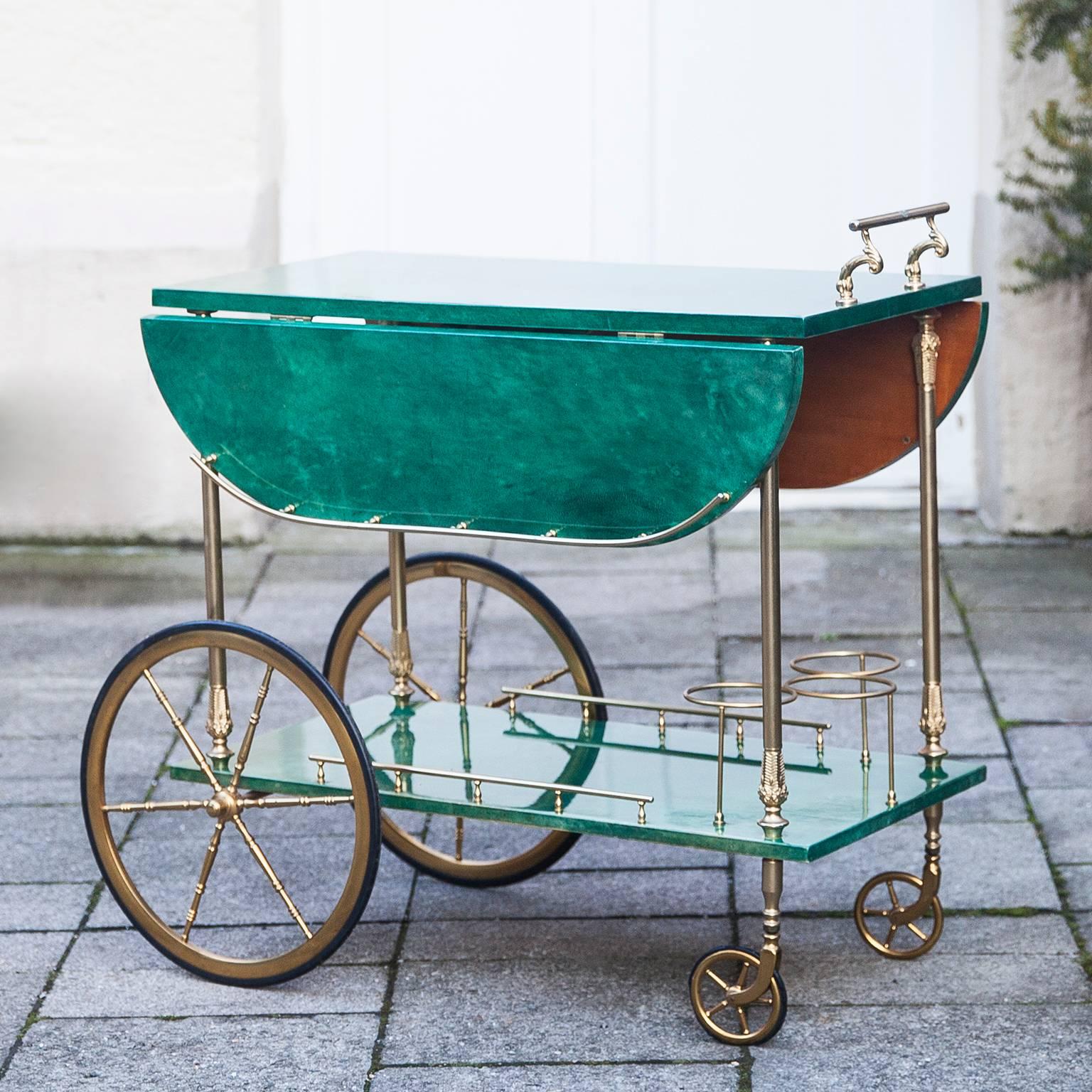 Aldo Tura Green Goatskin Bar Cart Fold-Up Sides 2
