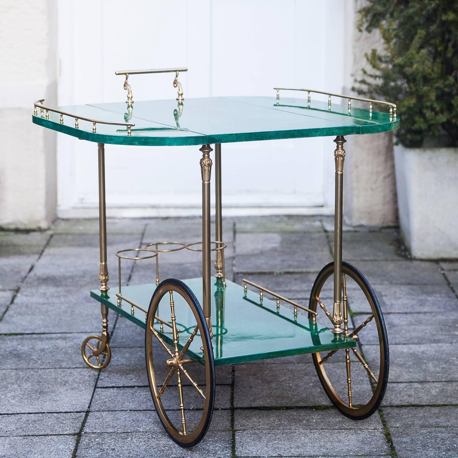 Italian Aldo Tura Green Goatskin Bar Cart Fold-Up Sides